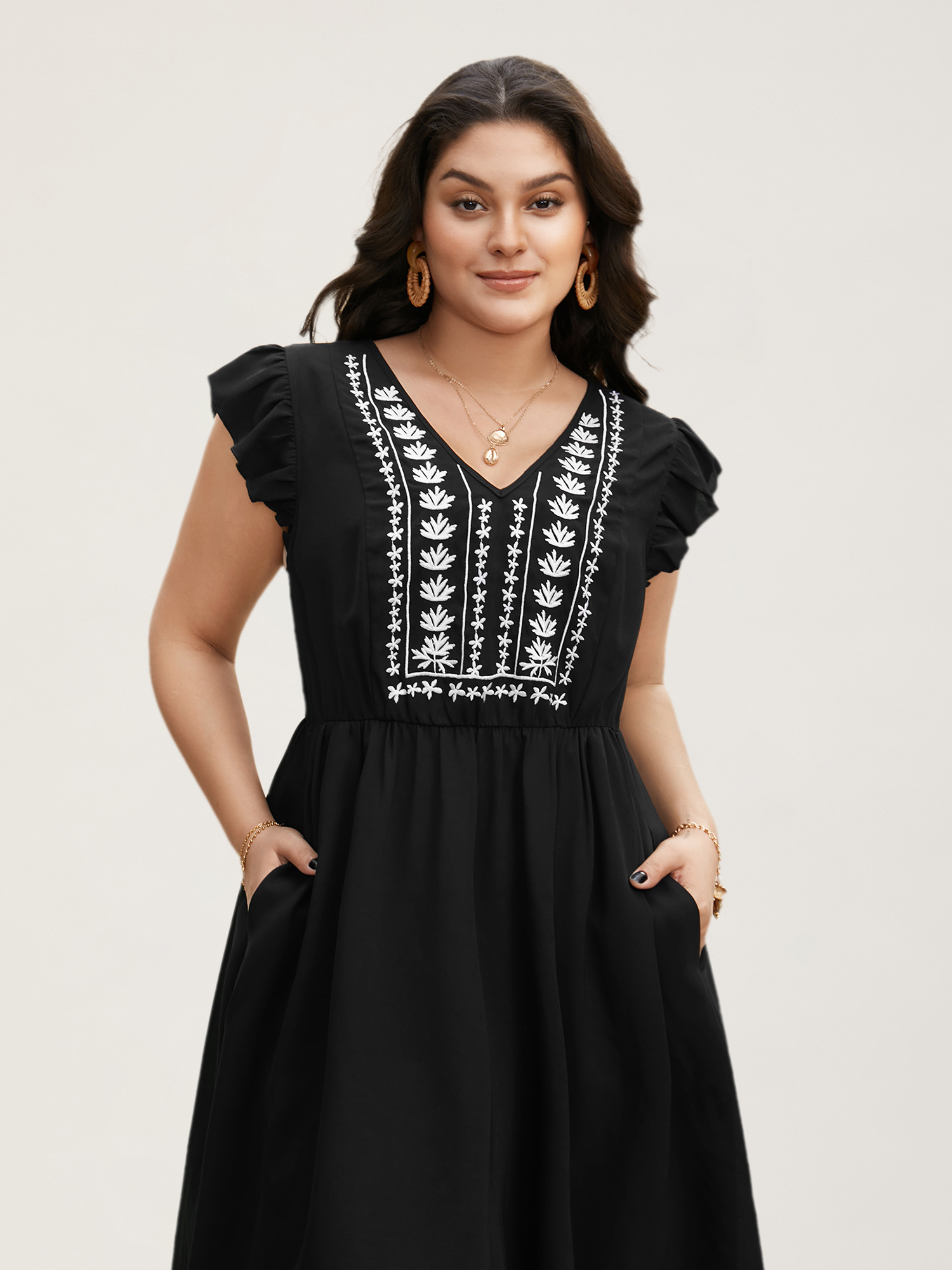 

Plus Size Floral Embroidered V Neck Ruffle Cap Sleeve Dress Black Women Resort Embroidered V-neck Cap Sleeve Curvy BloomChic