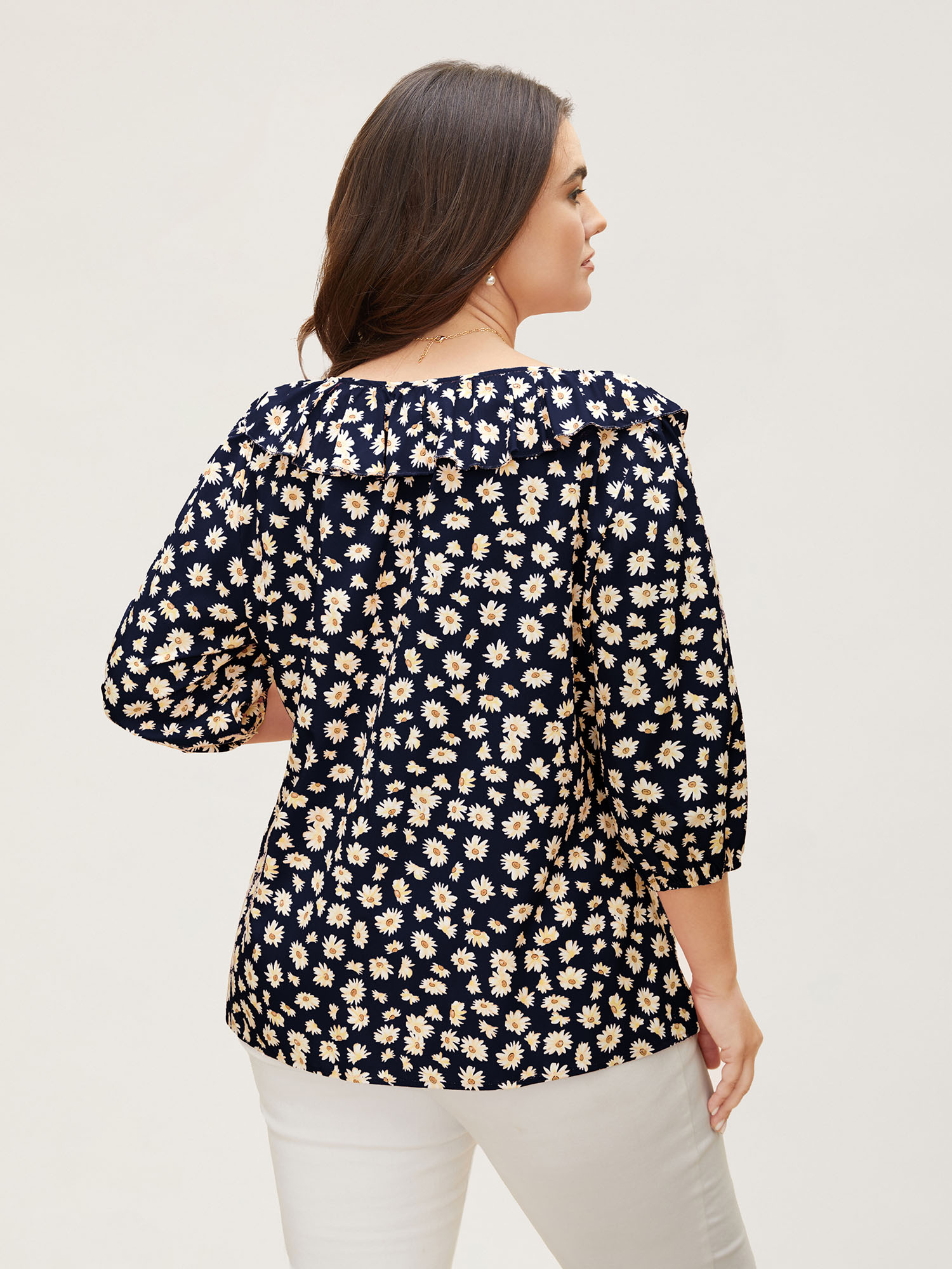 

Plus Size Indigo Daisy Patterned Ruffled Collar Blouse Women Elegant Elbow-length sleeve Square Neck Everyday Blouses BloomChic