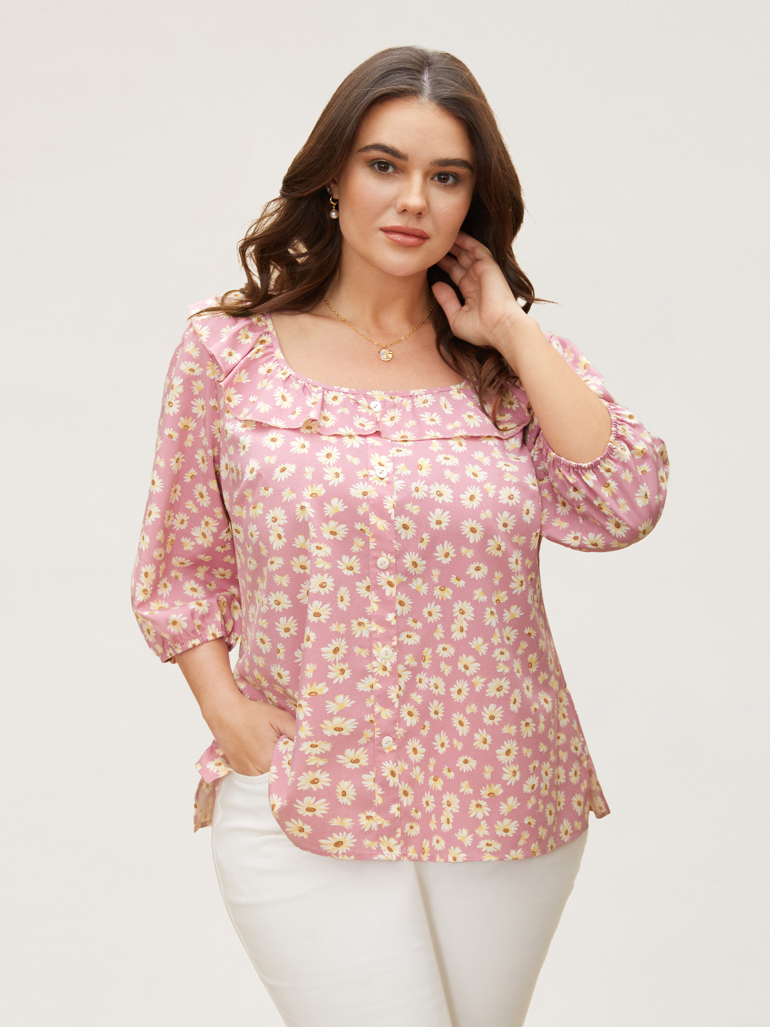 

Plus Size Lightpink Daisy Patterned Ruffled Collar Blouse Women Elegant Elbow-length sleeve Square Neck Everyday Blouses BloomChic