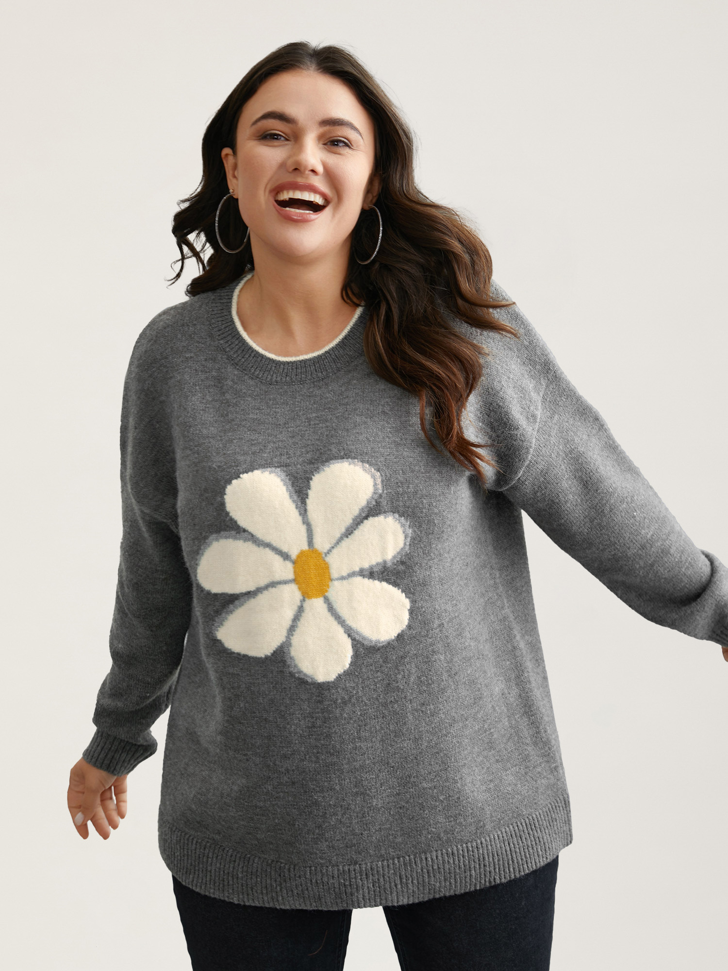 

Plus Size Floral Textured Crew Neck Pullover DarkGray Women Casual Loose Long Sleeve Round Neck Everyday Pullovers BloomChic
