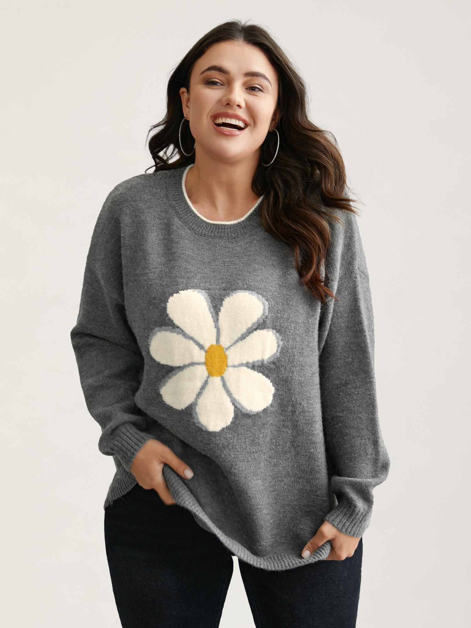BloomChic Plus Size Floral Textured Crew Neck Pullover - Curve Women's Winter Round Neck Boxy Jacquard DarkGray Sleeve Pullovers 14/M