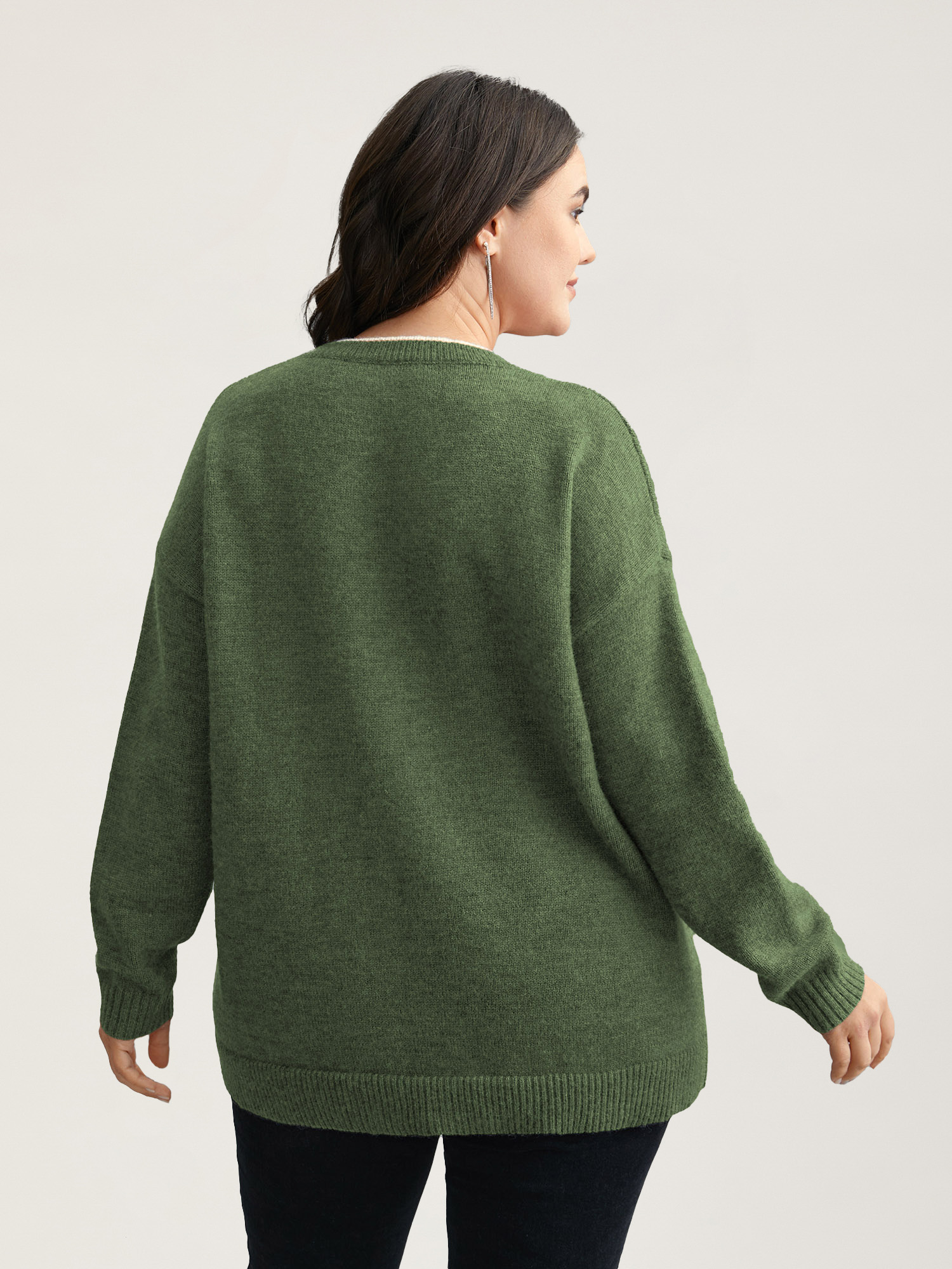 

Plus Size Floral Textured Crew Neck Pullover ArmyGreen Women Casual Loose Long Sleeve Round Neck Everyday Pullovers BloomChic
