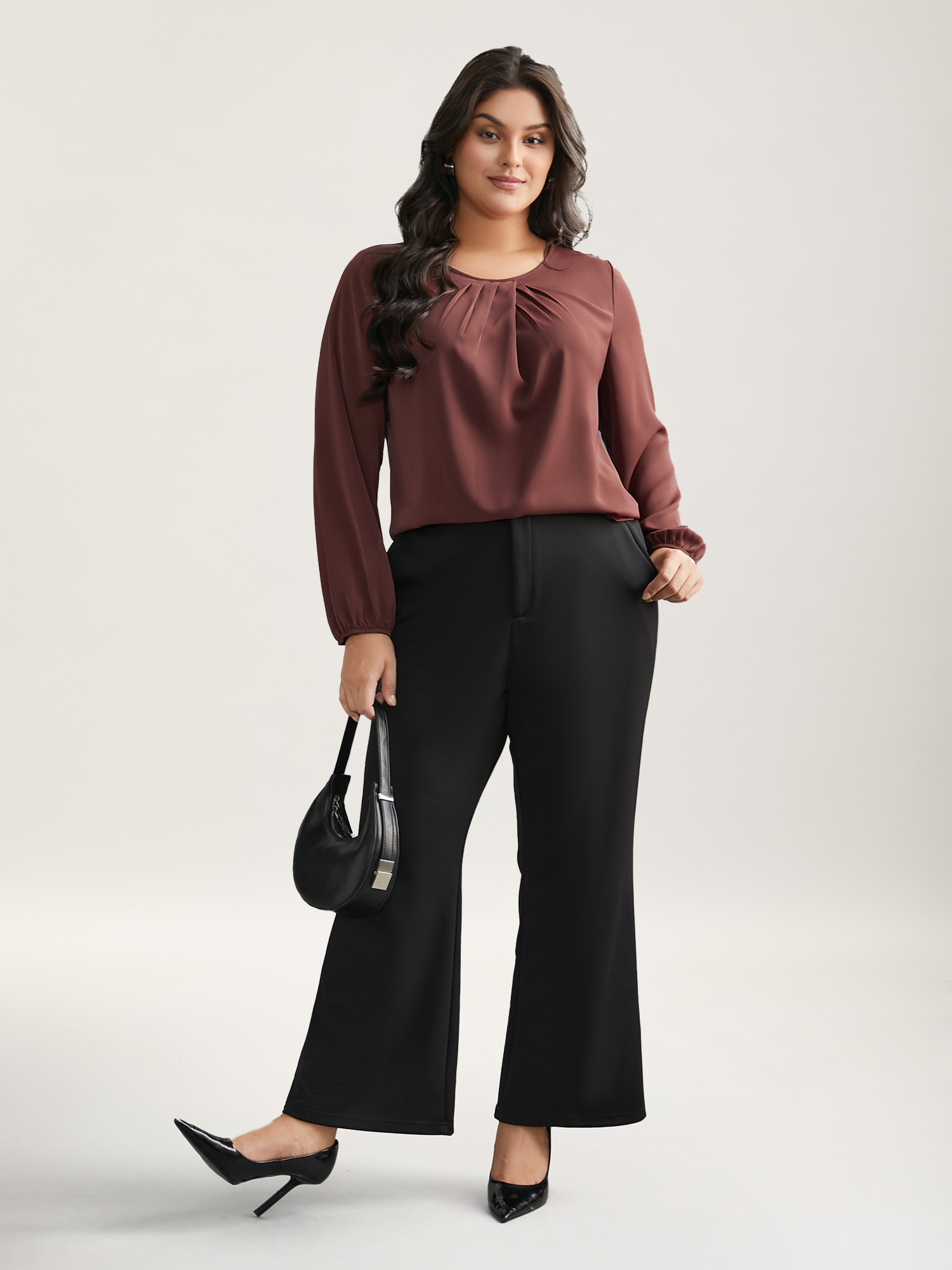 

Plus Size Browncoffeecolor Solid Crew Neck Lantern Sleeve Blouse Women At the Office Long Sleeve Round Neck Work Blouses BloomChic
