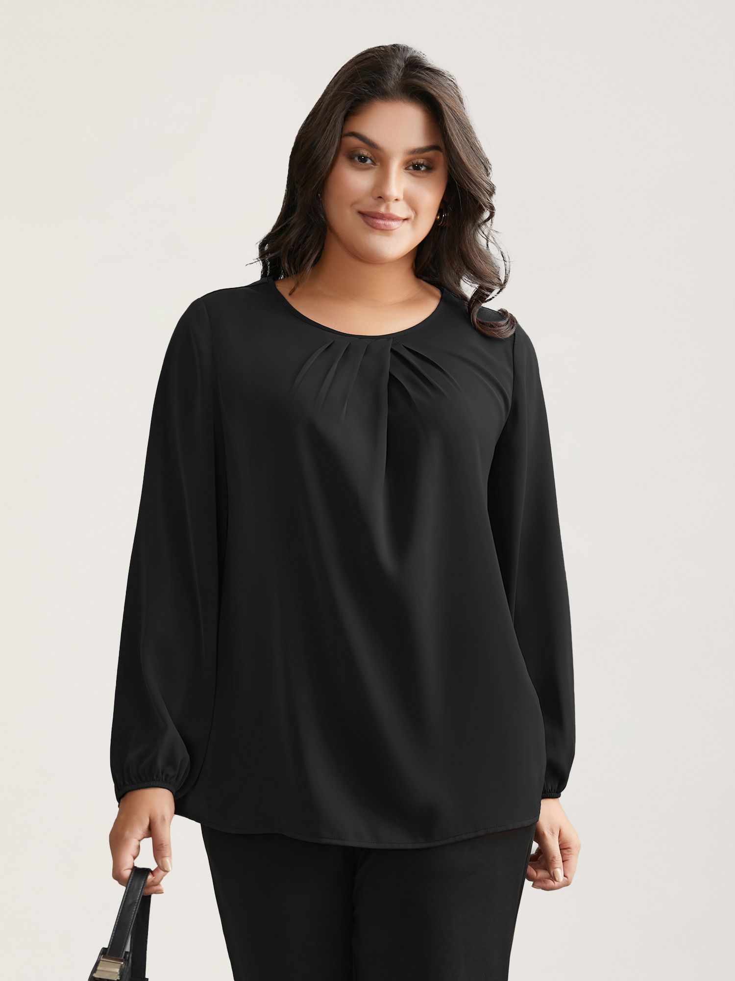 

Plus Size Black Solid Crew Neck Lantern Sleeve Blouse Women At the Office Long Sleeve Round Neck Work Blouses BloomChic