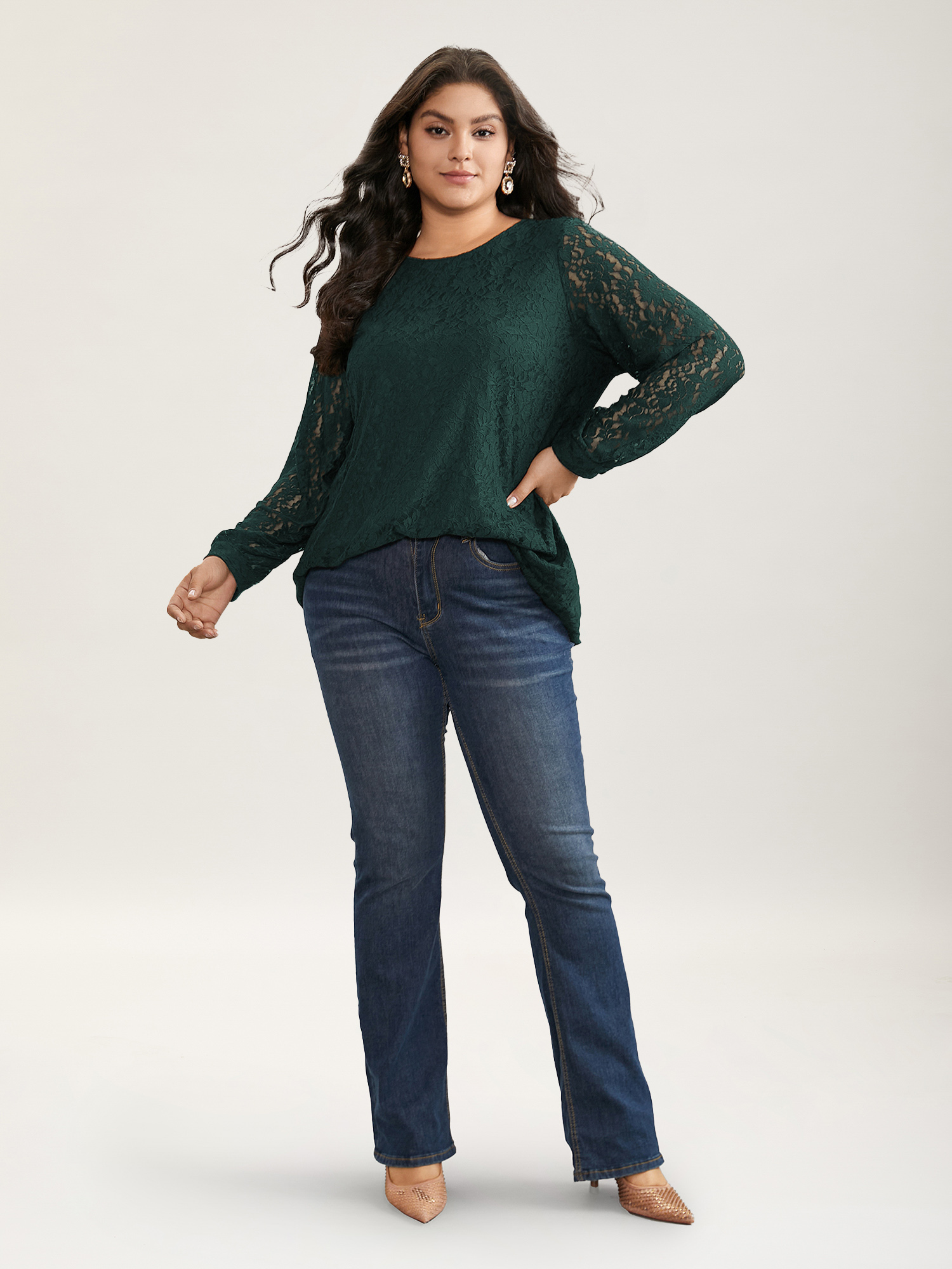 

Plus Size DarkGreen Solid Crochet Lace Mesh Crew Neck Blouse Women Cocktail Long Sleeve Round Neck Party Blouses BloomChic