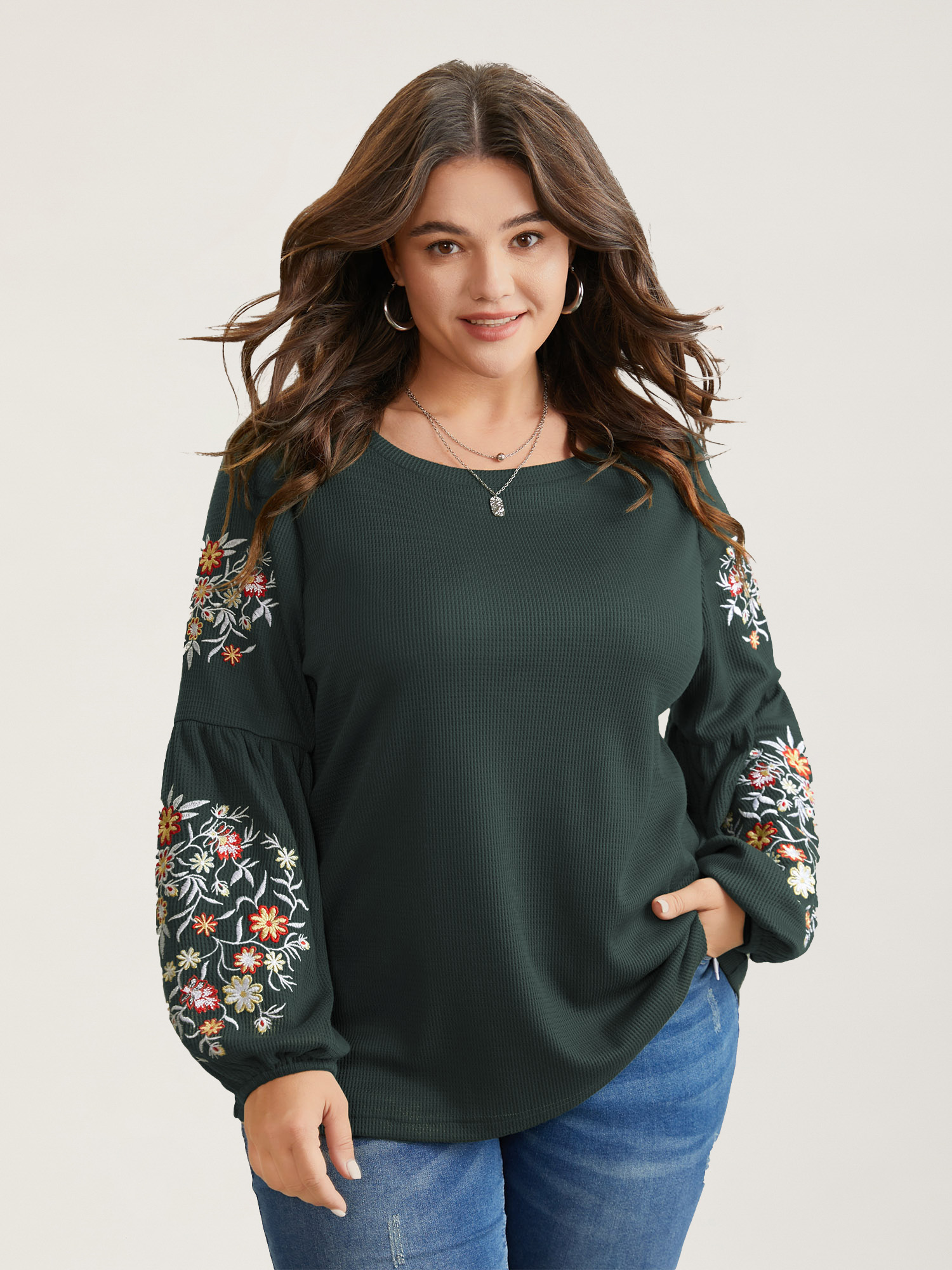 

Plus Size Waffle Knit Floral Embroidered Lantern Sleeve T-shirt DarkGreen Women Elegant Texture Floral Round Neck Everyday T-shirts BloomChic