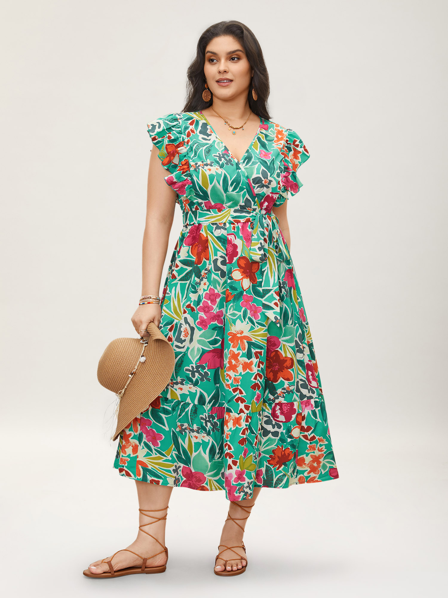 

Plus Size Floral Wrap Patchwork Ruffle Cap Sleeve Dress Emerald Women Resort Belted V-neck Cap Sleeve Curvy BloomChic