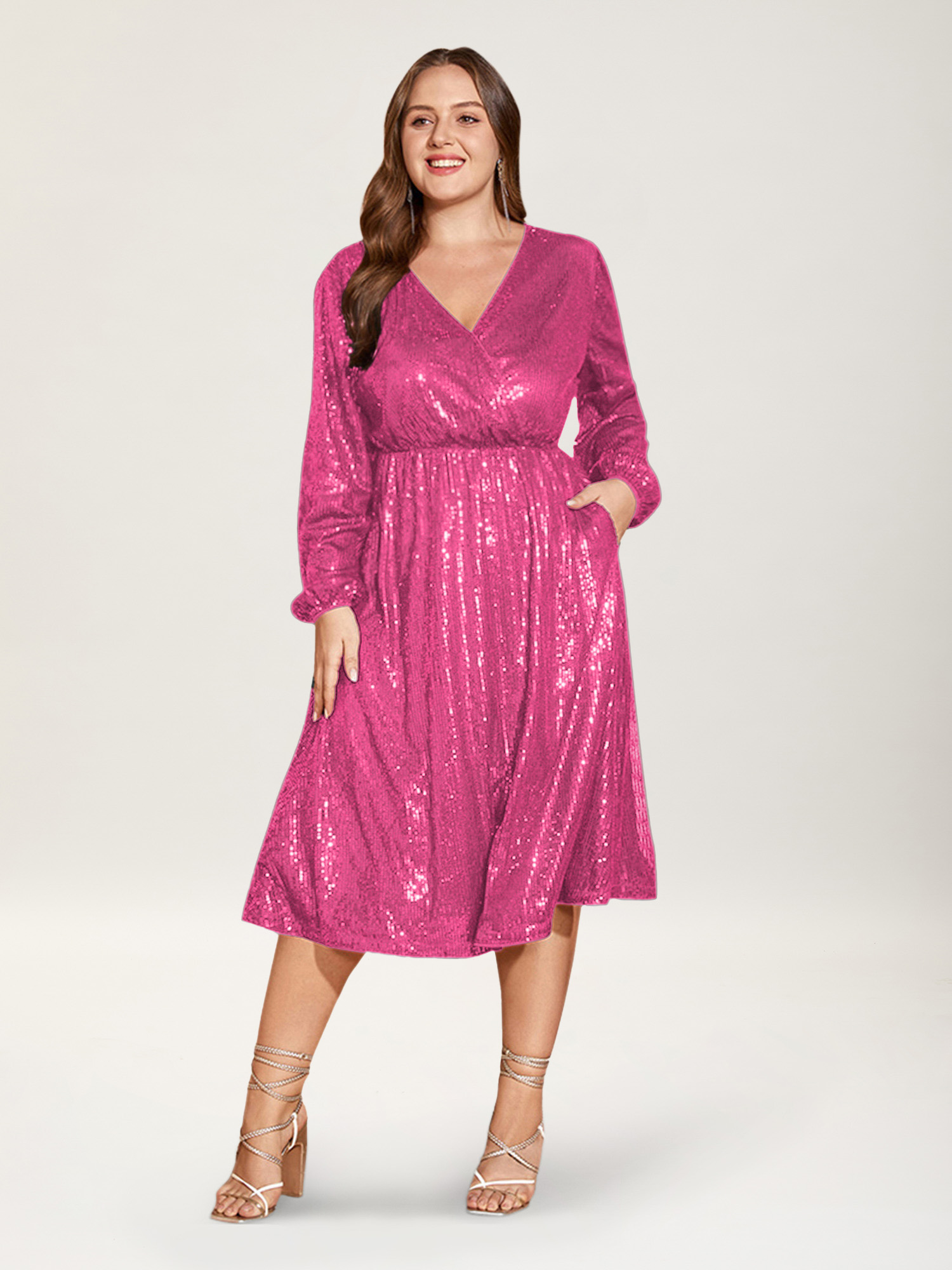 

Plus Size Solid Pocket Lantern Sleeve Wrap Sequin Dress Peach Women Party Pocket Overlap Collar Long Sleeve Curvy Midi Dress BloomChic