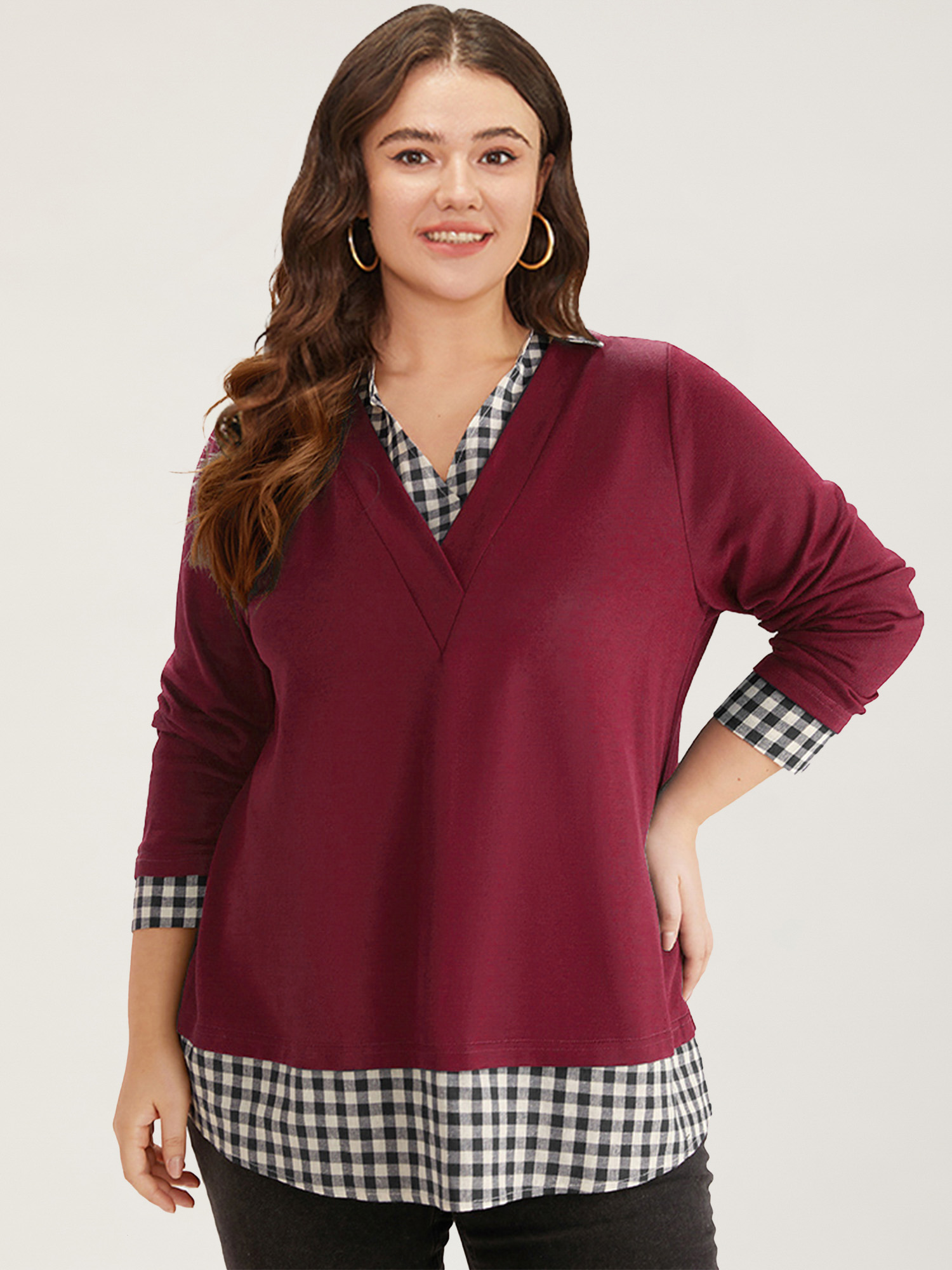 

Plus Size Gingham Patchwork Shirt Collar Arc Hem Sweatshirt Women Scarlet Casual Patchwork V-neck Everyday Sweatshirts BloomChic