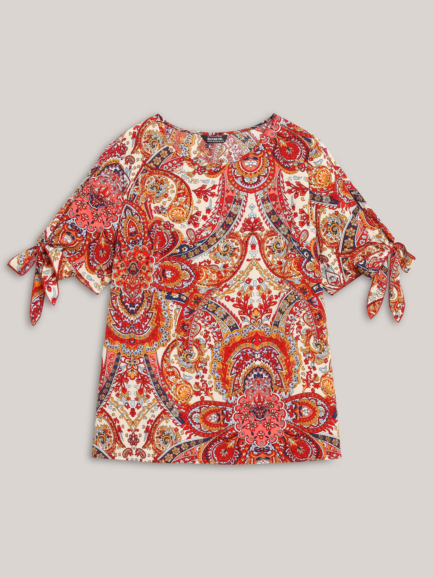 

Plus Size Multicolor Paisley Print Round Neck Tied Shirt Women Resort Short sleeve Round Neck Vacation Blouses BloomChic