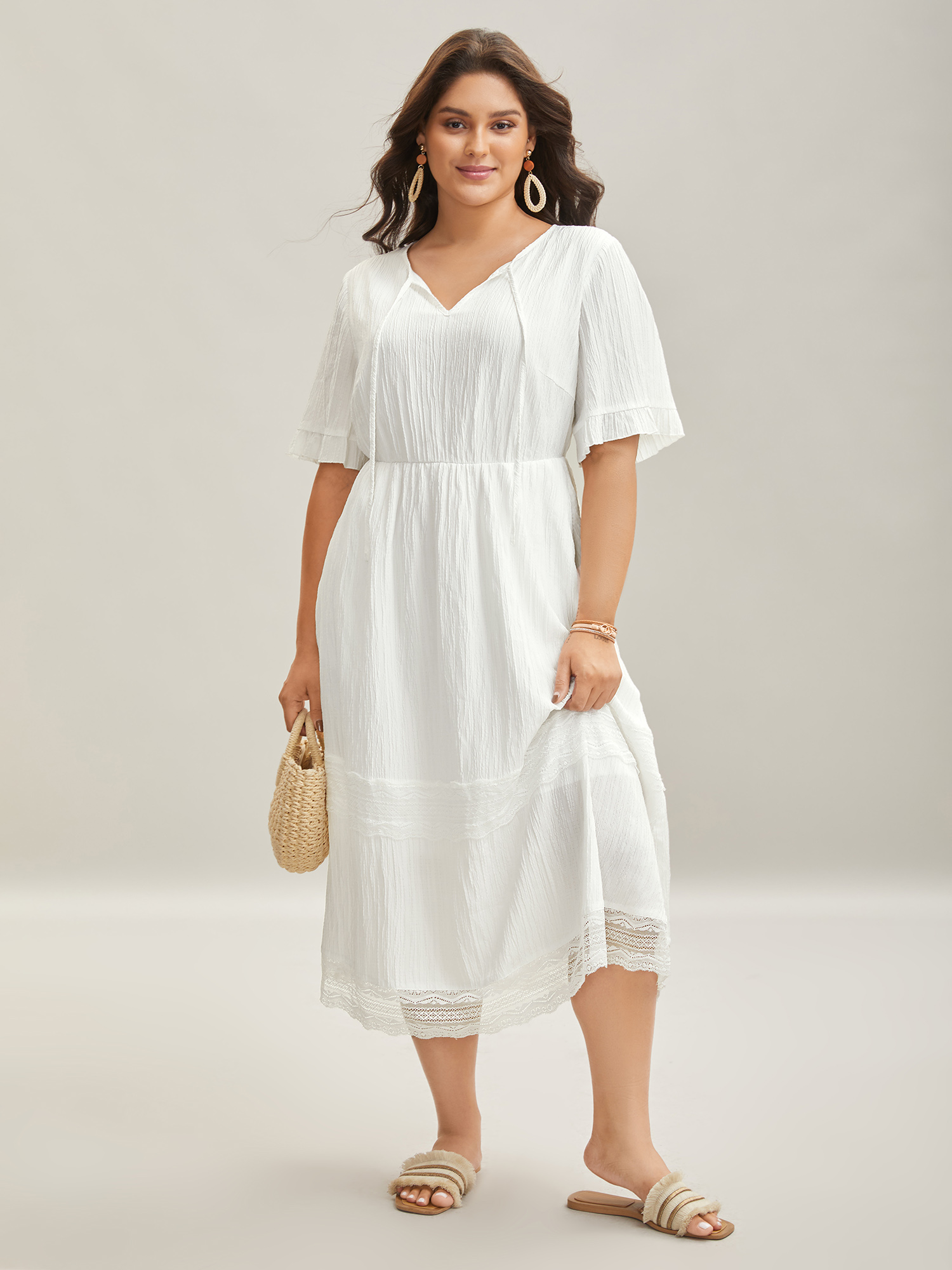 

Plus Size Textured Cut-Out Lace Tied Midi Dress Beige Women Woven ribbon&lace trim V-neck Half Sleeve Curvy BloomChic