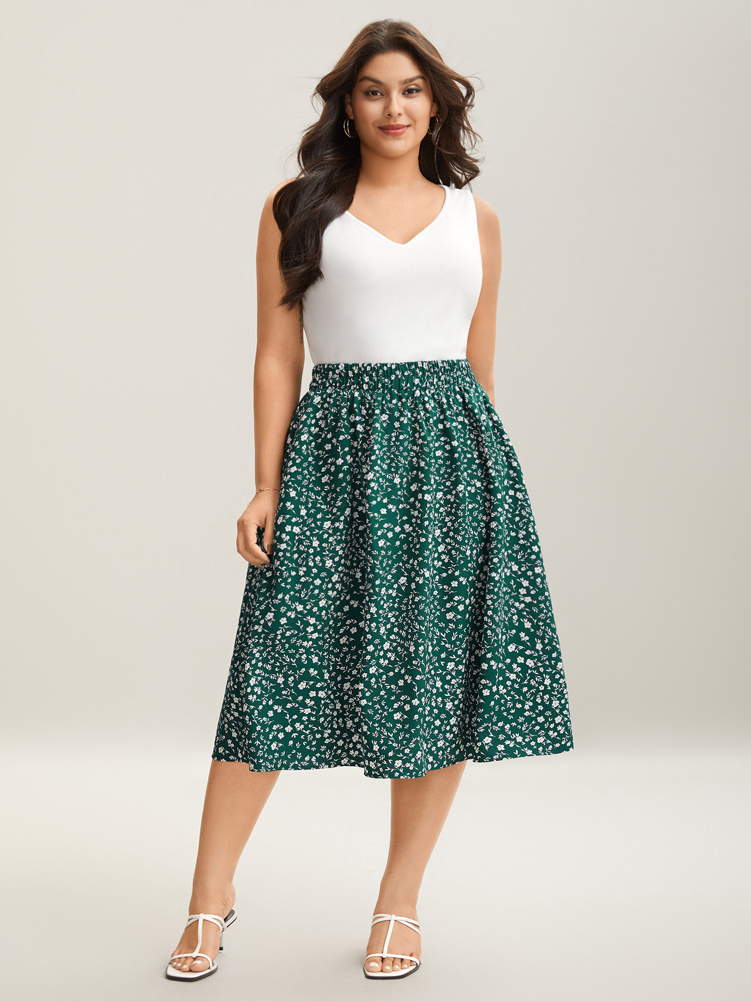 

Plus Size Ditsy Floral Print Stretchy Flared Midi Skirt Women DarkGreen Elegant Low stretch Slanted pocket Everyday Skirts BloomChic