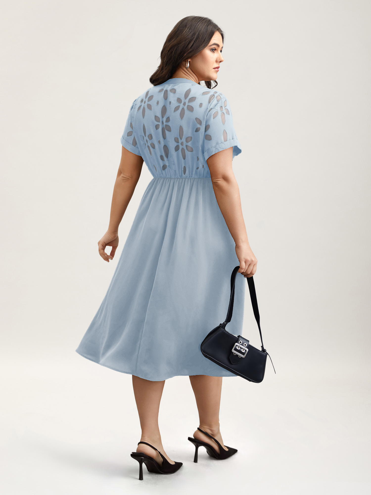 

Plus Size Sheer Back Textured Cut-Out Midi Dress LightBlue Women At the Office Texture Notched collar Short sleeve Curvy BloomChic