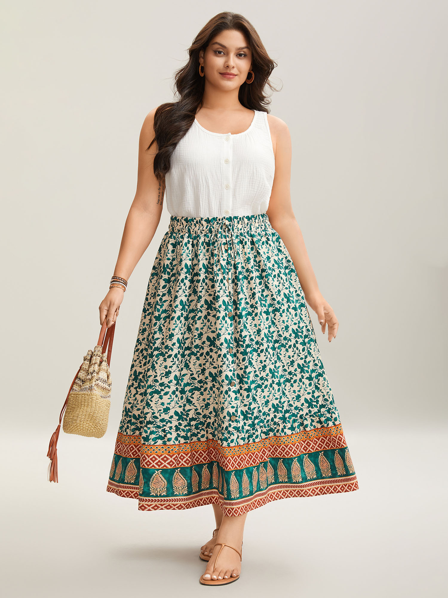 

Plus Size Stretchy Waist Boho Print Tied Midi Skirt Women Turquoise Elegant Drawstring Bodycon Low stretch Slanted pocket Everyday Skirts BloomChic