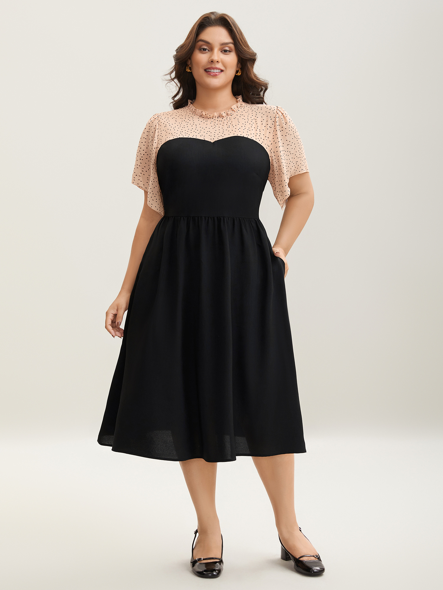 

Plus Size Round Ruffled Neck Color Contrast Midi Dress Black Women Elegant See through Round Neck Short sleeve Curvy BloomChic