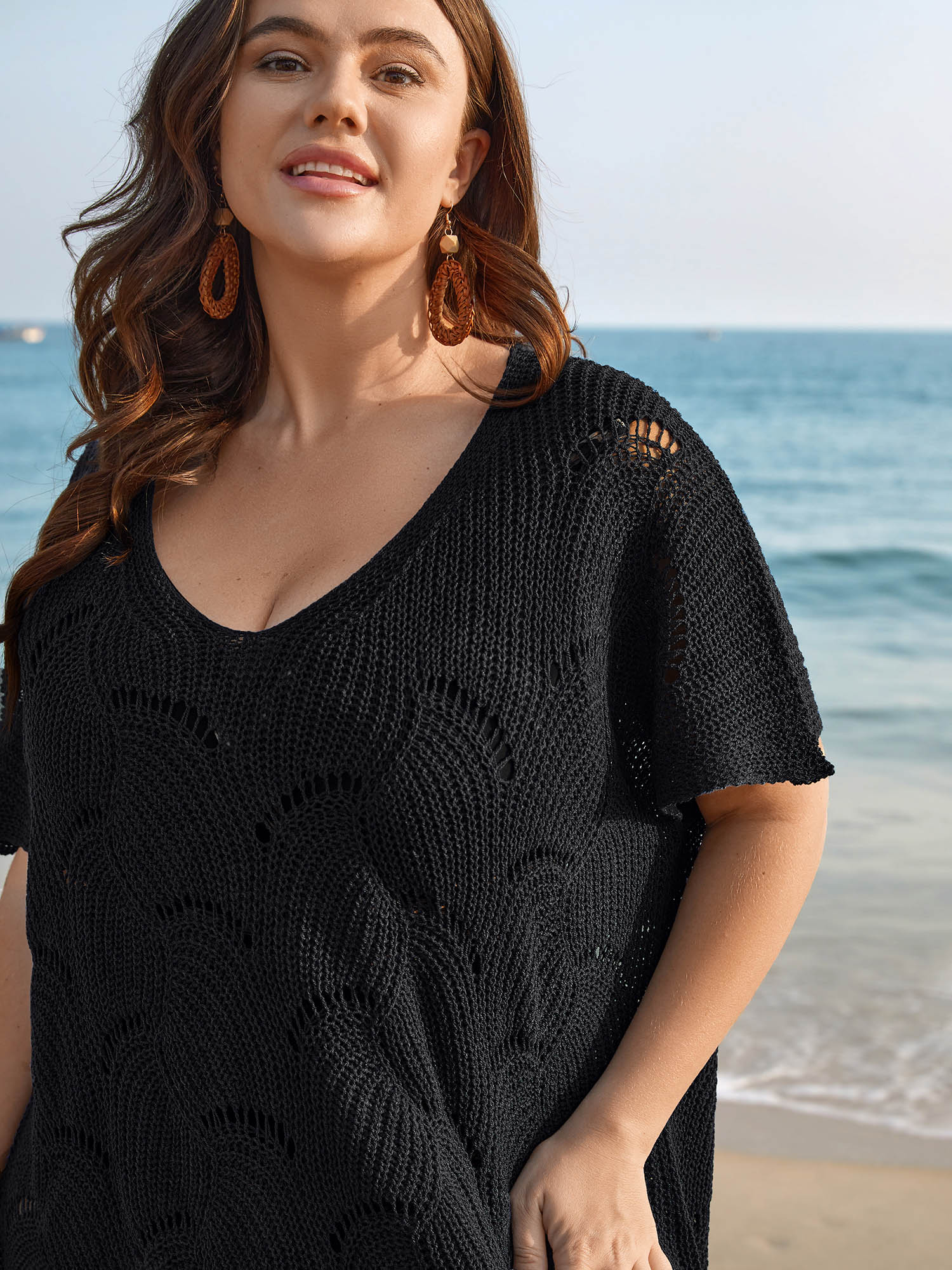 

Plus Size Cut-Out Solid V-Neck Swimsuit Coverup Women's Swimwear Black Beach Loose Texture Curve Swim Cover Ups BloomChic