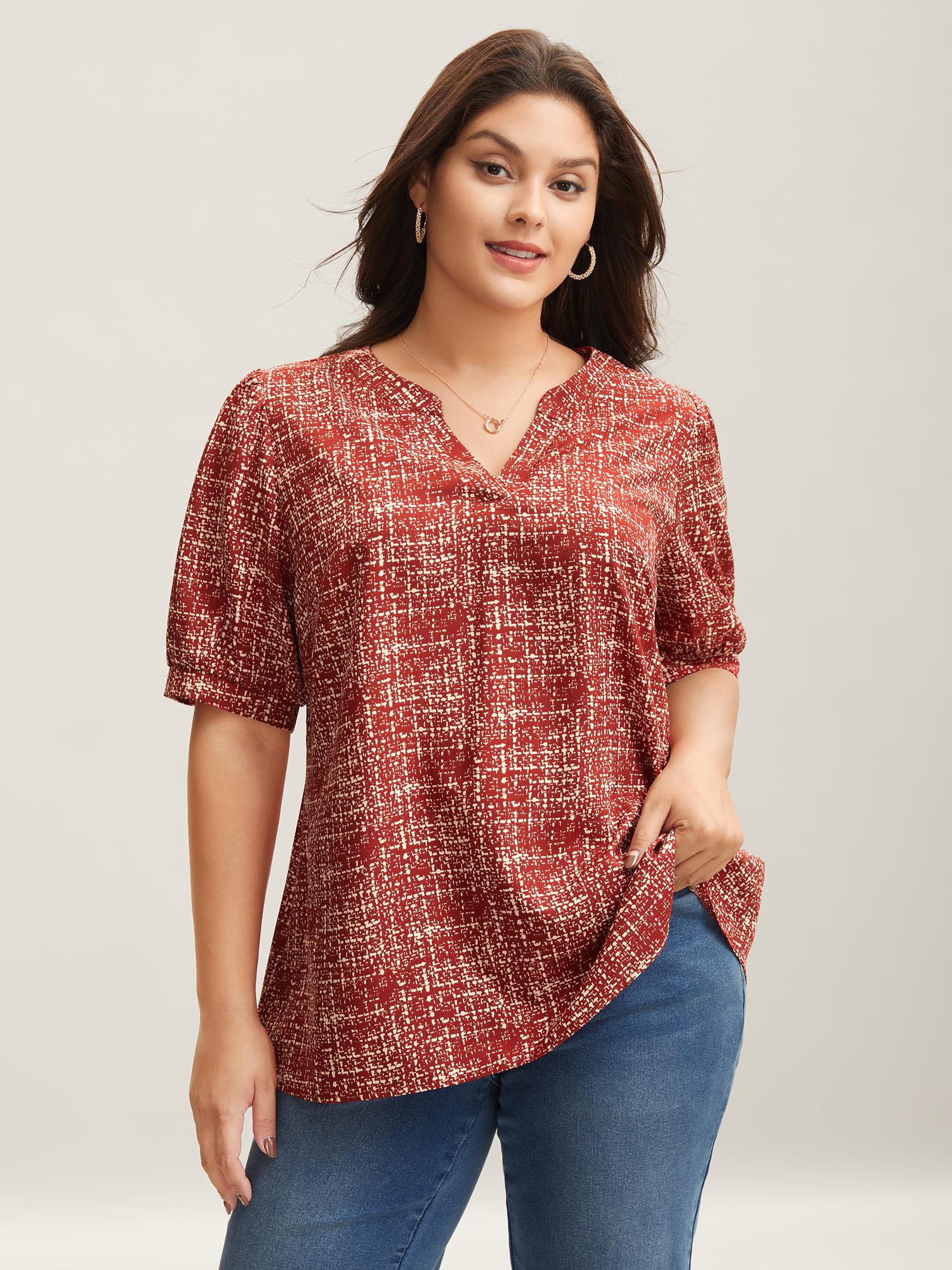 Bloomchic Geometric Print Puff Sleeve Blouse In Scarlet