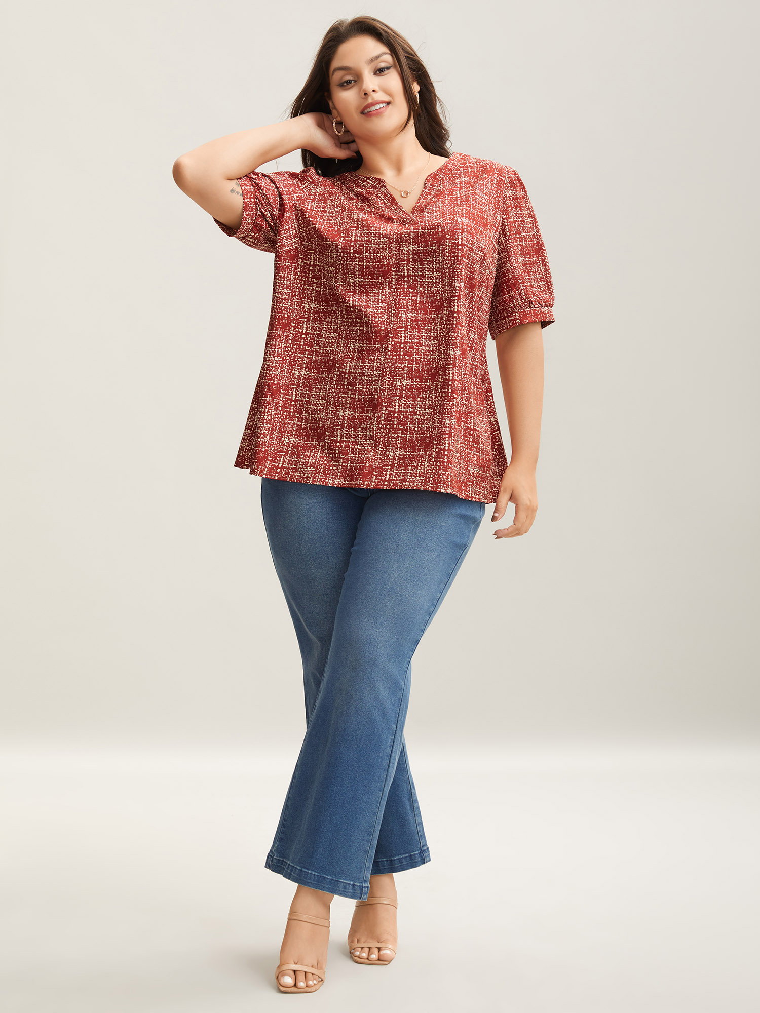 

Plus Size Scarlet Geometric Print Puff Sleeve Blouse Women Elegant Short sleeve Flat collar with V-notch Everyday Blouses BloomChic