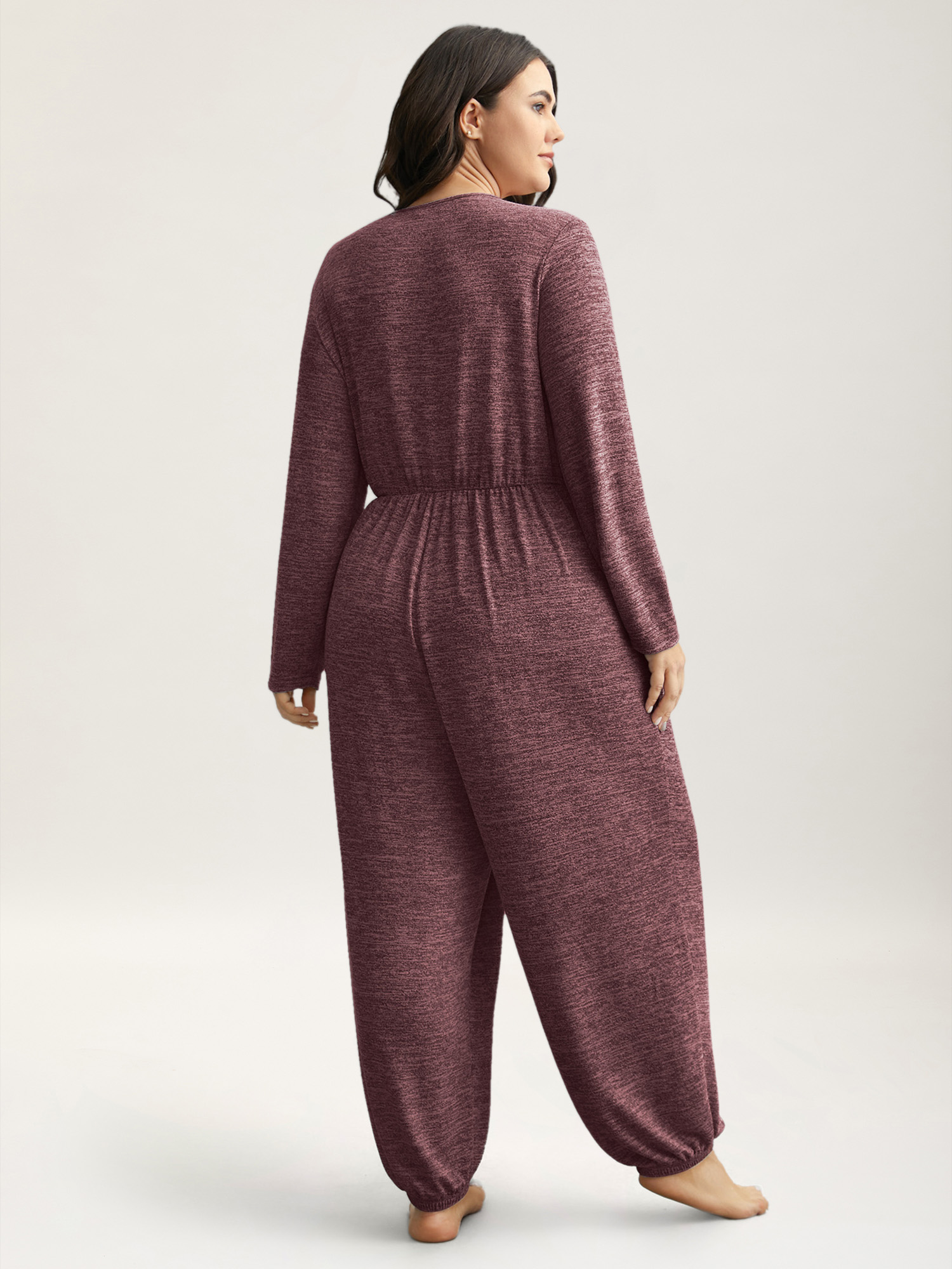 

Plus Size Elastic Waist Overlap Collar Lounge Jumpsuit Plum  Bloomchic