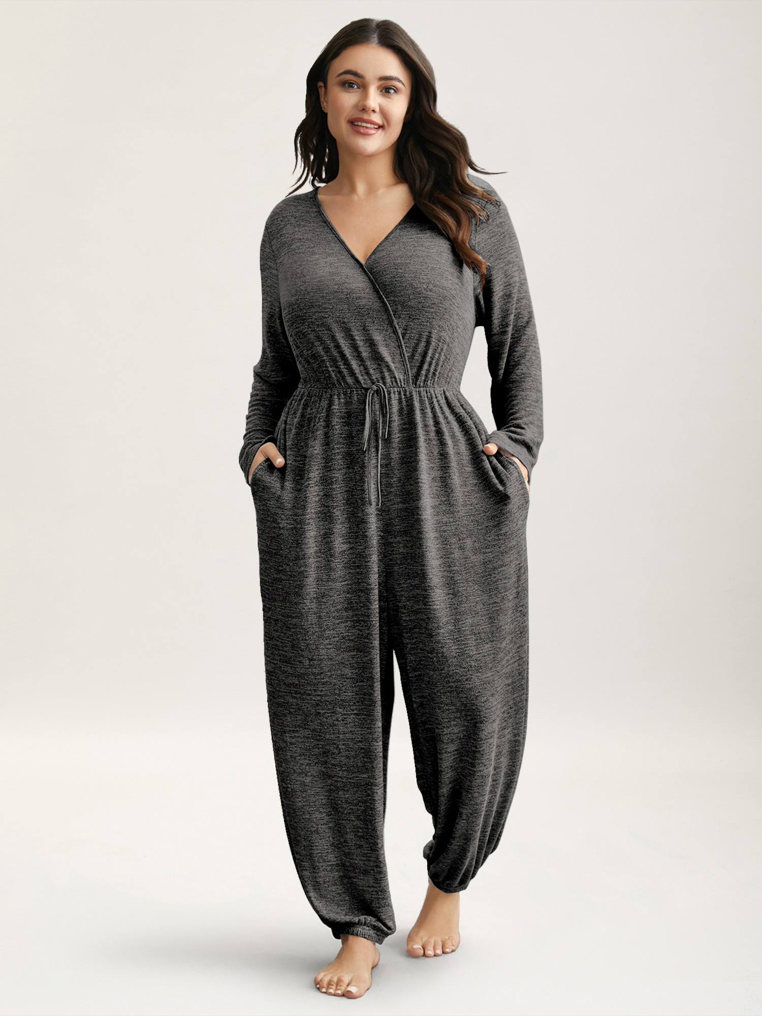 

Plus Size Elastic Waist Overlap Collar Lounge Jumpsuit Black  Bloomchic