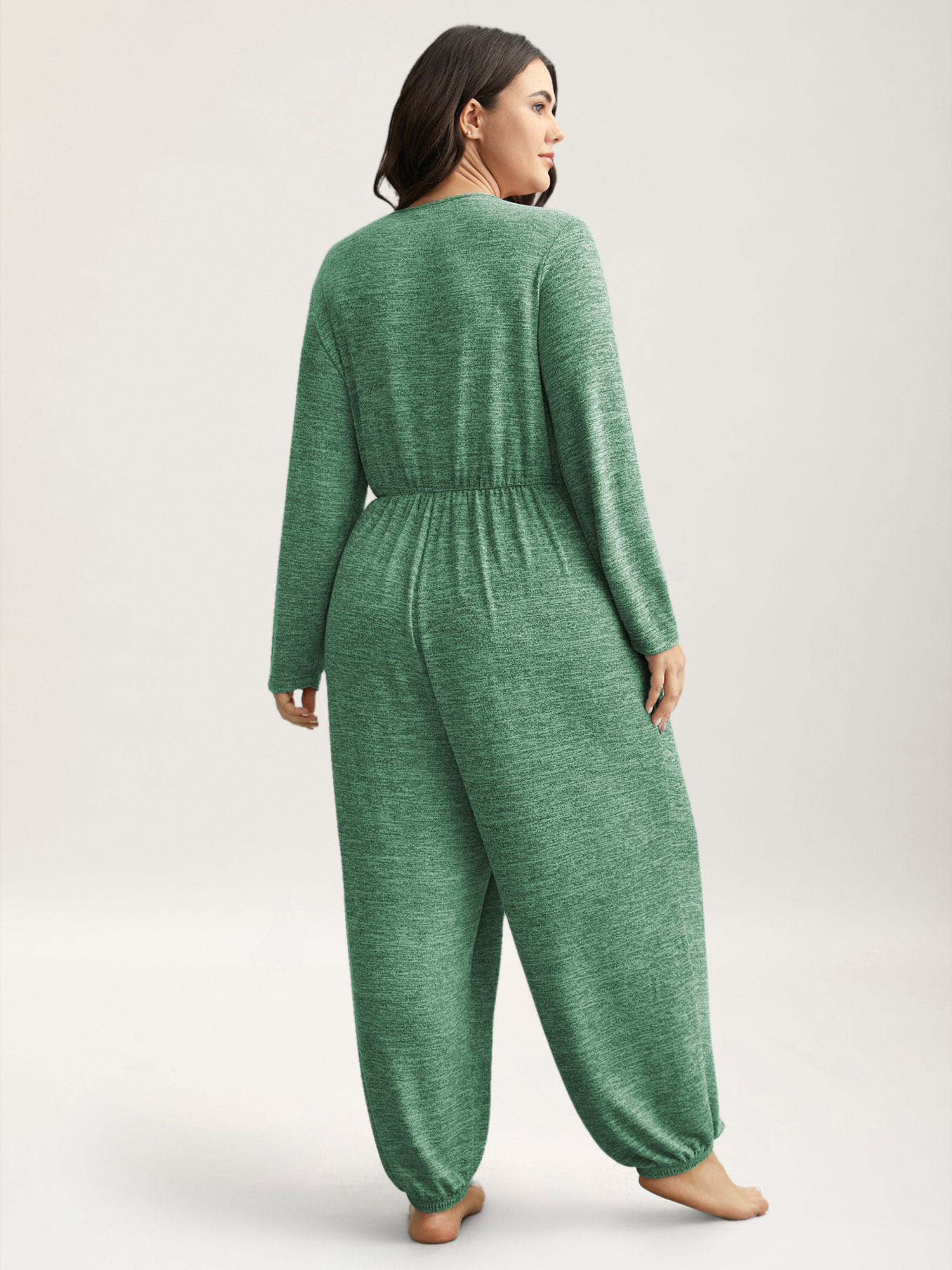 

Plus Size Elastic Waist Overlap Collar Lounge Jumpsuit Emerald  Bloomchic