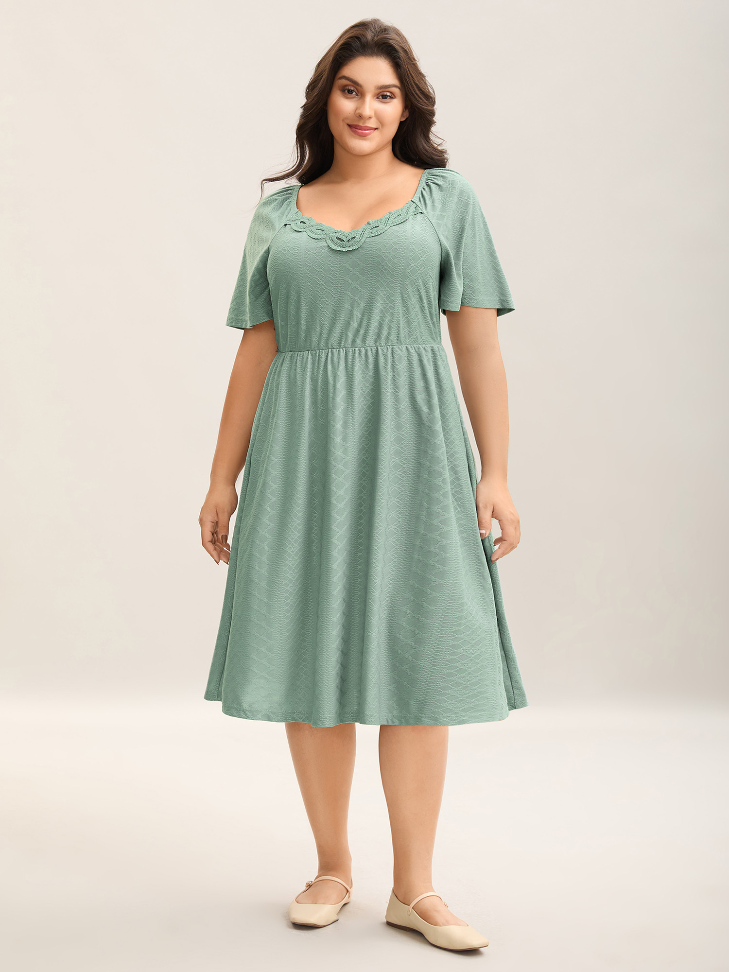 

Plus Size Textured Knit Sweetheart Neckline Midi Dress Sage Women Casual Woven ribbon&lace trim Heart neckline Short sleeve Curvy BloomChic