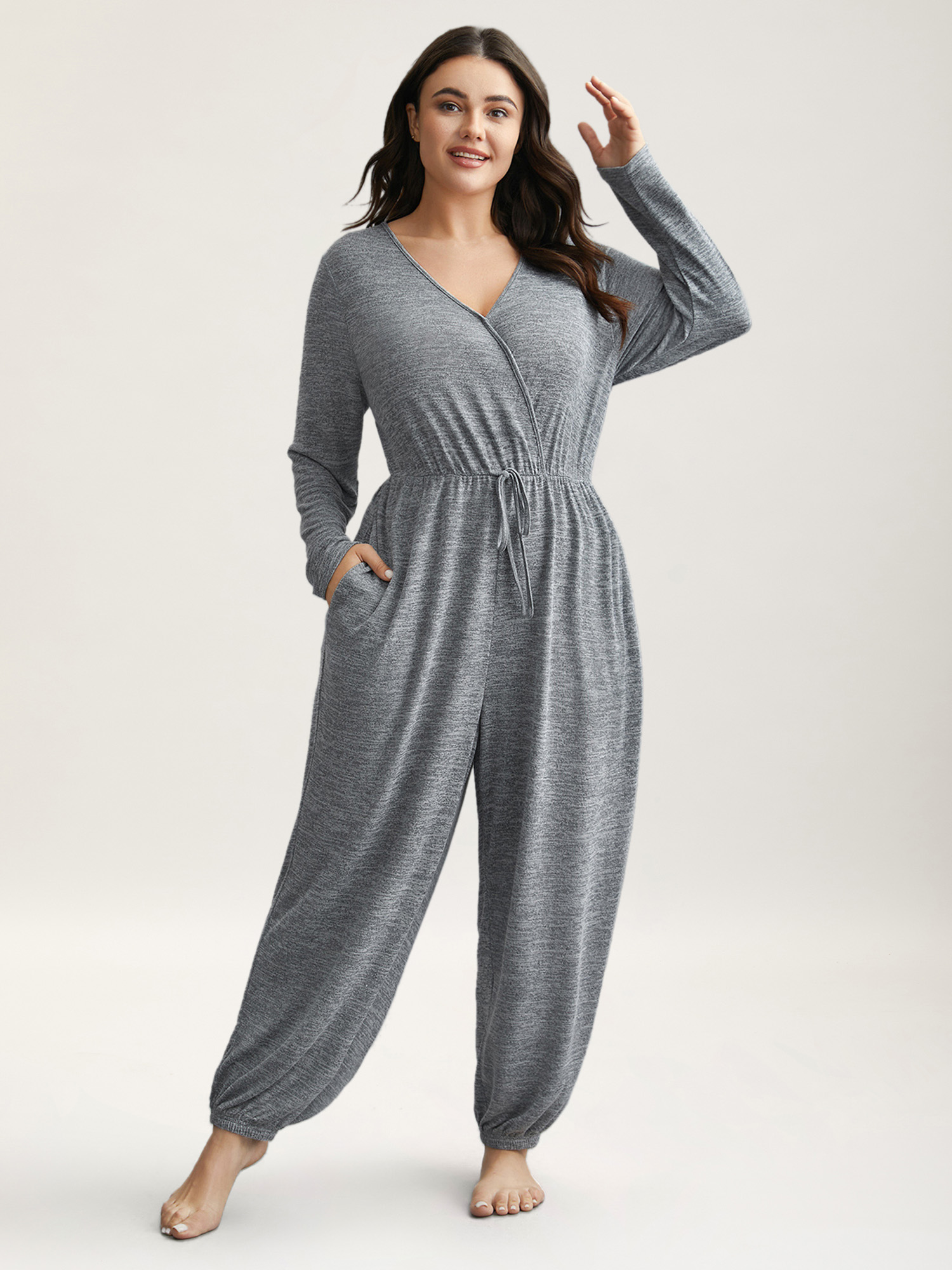 

Plus Size Elastic Waist Overlap Collar Lounge Jumpsuit LightGray  Bloomchic