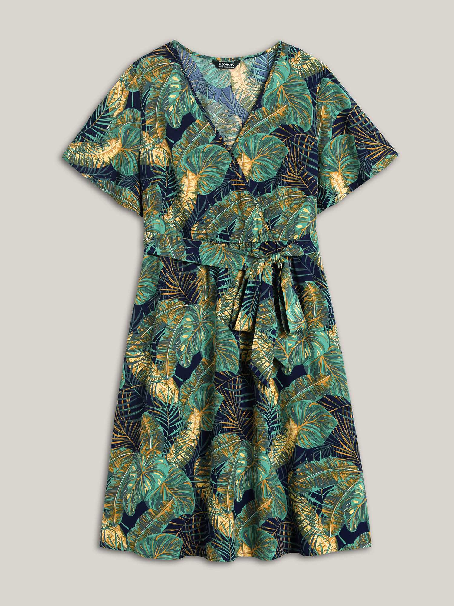 

Plus Size Tropical Print Belted Pocket Midi Dress Navy Women Overlap Collar Short sleeve Curvy BloomChic