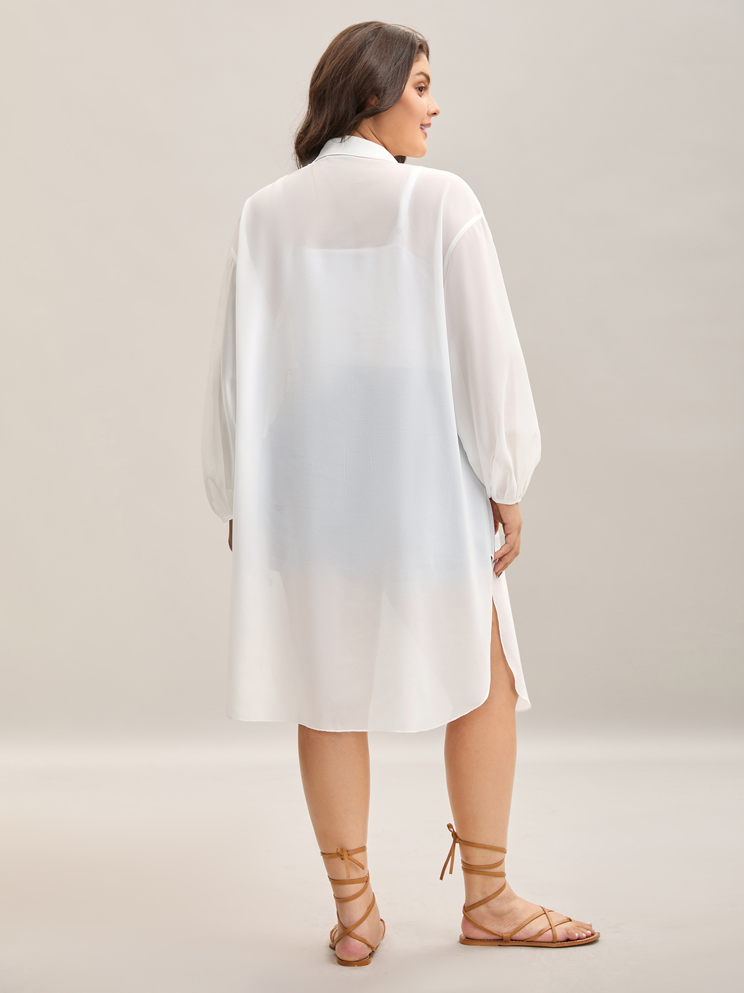 

Plus Size Sheer Long Shirt Kimono-Style Cardigan Women WhiteSmoke Resort See through Loose Vacation Kimonos BloomChic