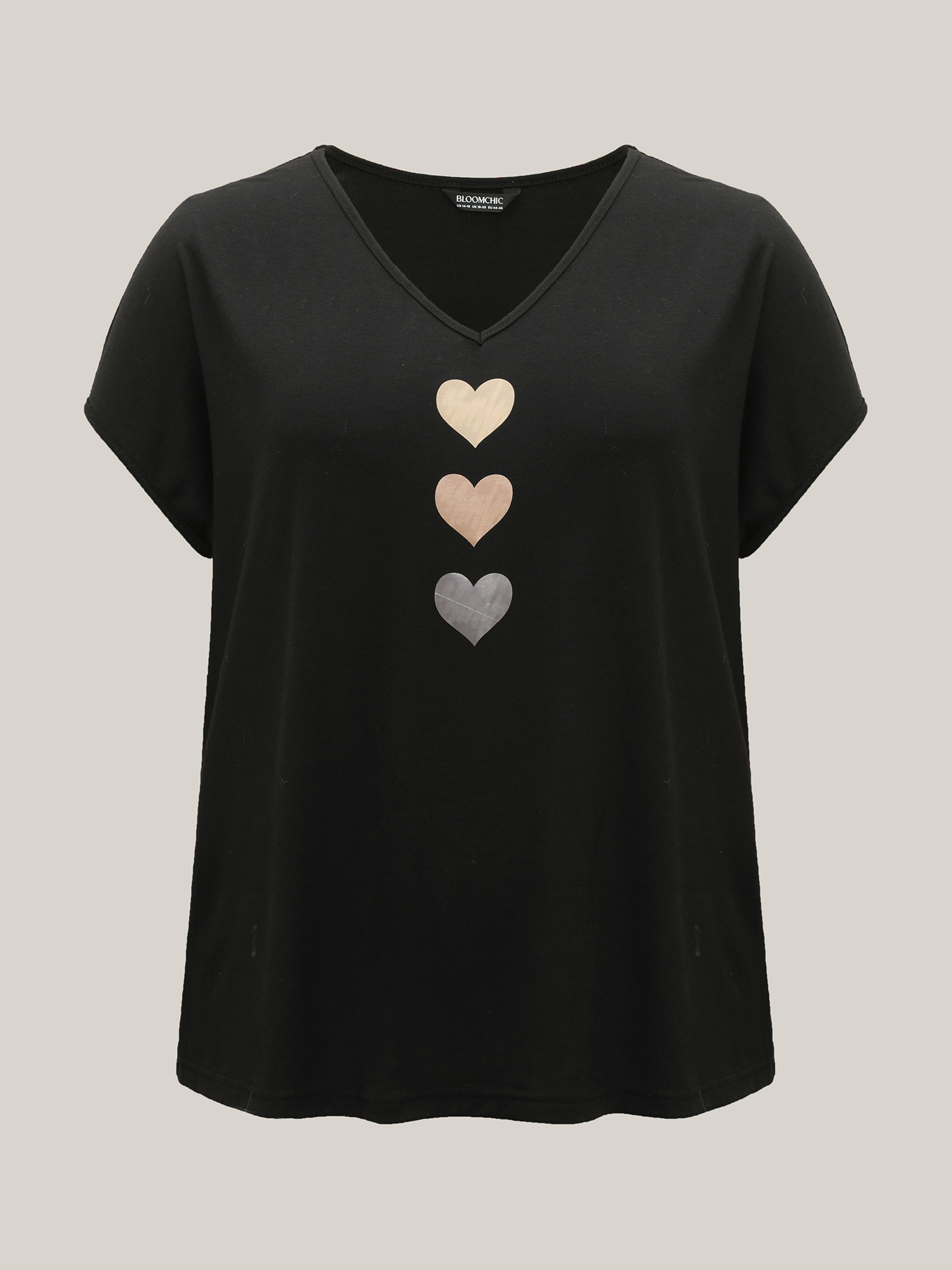 

Plus Size Heart Print Stretchy Dolman Sleeve T-Shirt Black Women Casual Non V-neck Everyday T-shirts BloomChic