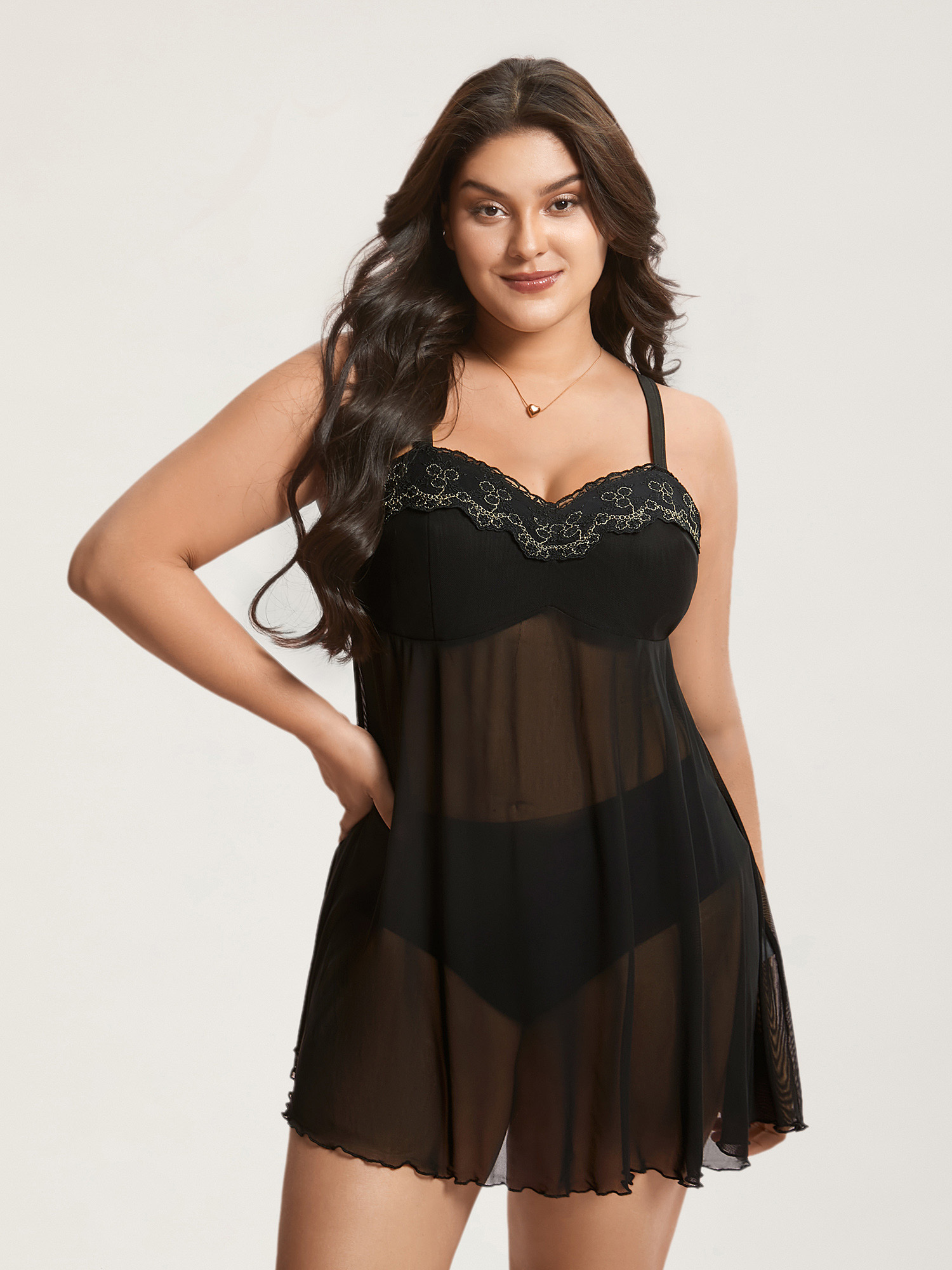 

Plus Size Lace Trim Stitch Sheer Mesh Sleep Dress Black Sleeveless Heart neckline Lounge Everyday  Bloomchic