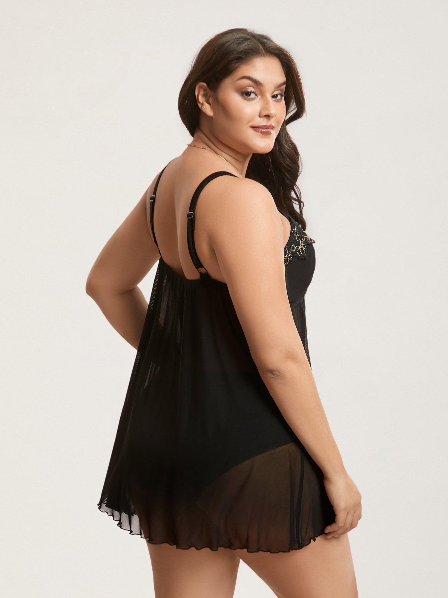 Side view of BloomChic Women's Plus Size Romantic Lace Trim Stitch Mesh Nightgown Black Sleeveless Tunic 28/5X