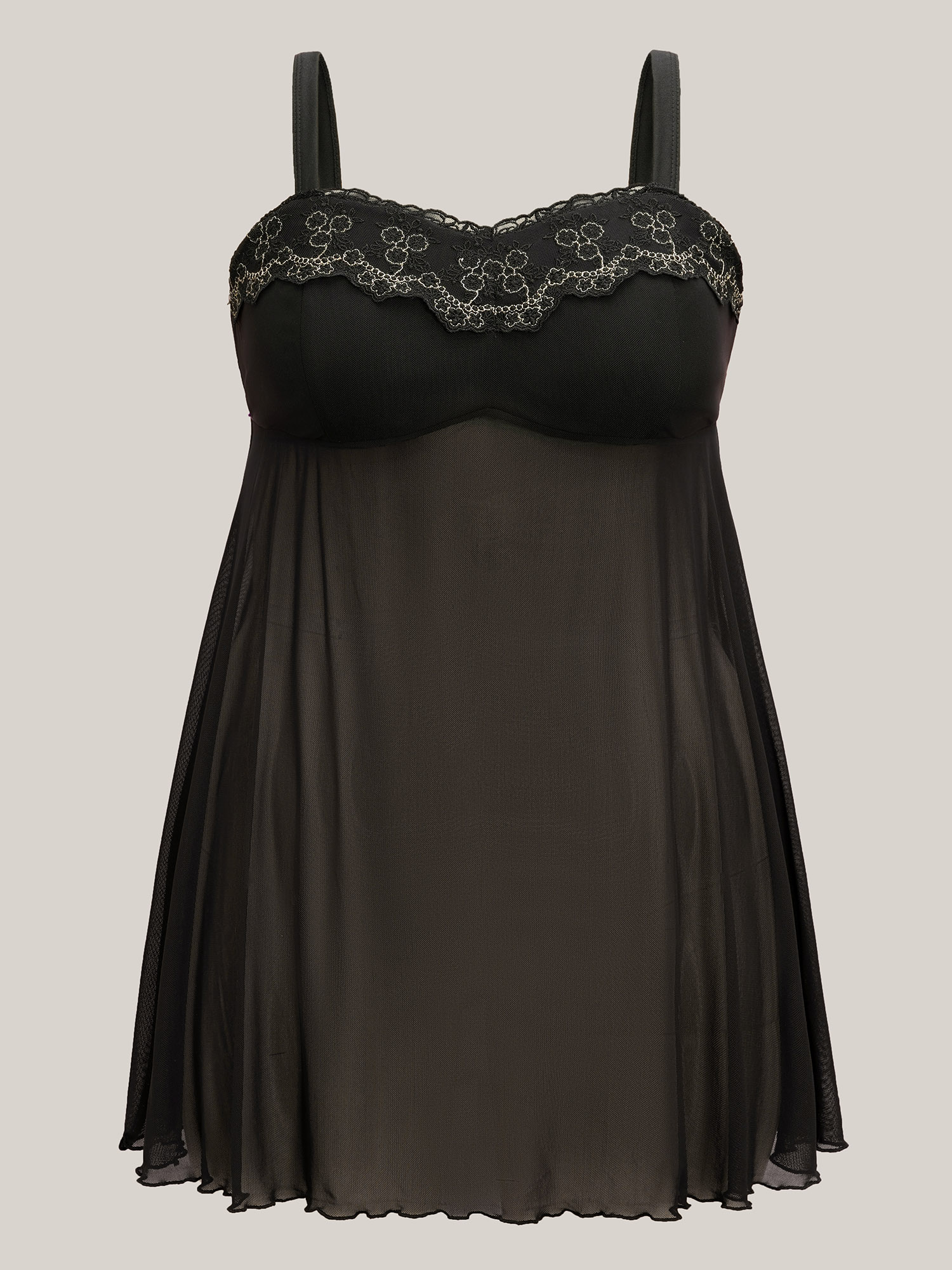 Side view of BloomChic Women's Plus Size Romantic Lace Trim Stitch Mesh Nightgown Black Sleeveless Tunic 28/5X