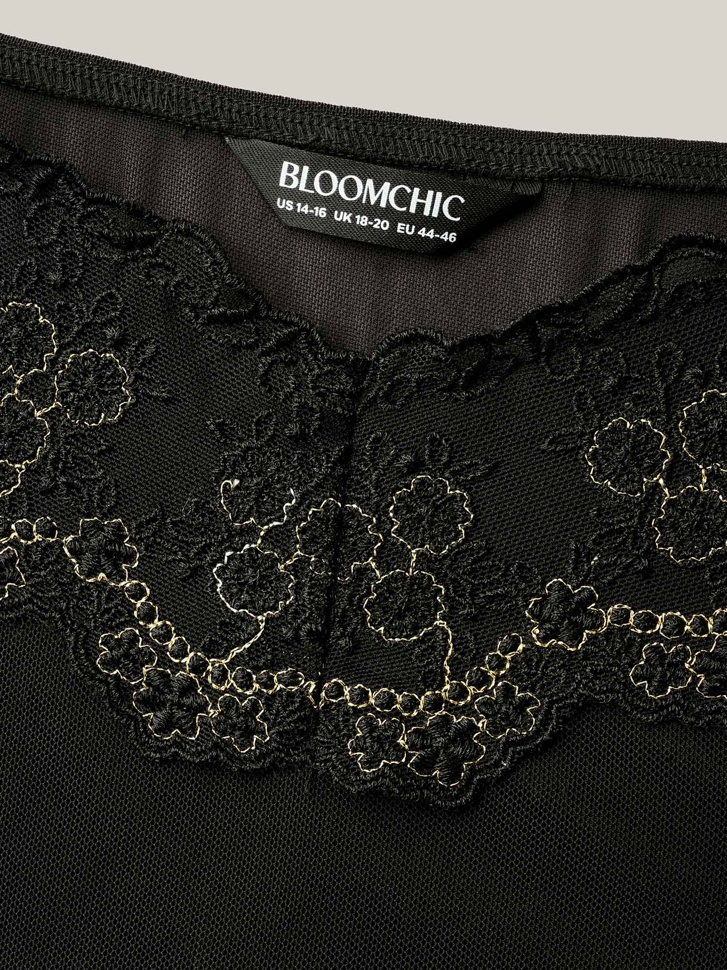 Side view of BloomChic Women's Plus Size Romantic Lace Trim Stitch Mesh Nightgown Black Sleeveless Tunic 28/5X