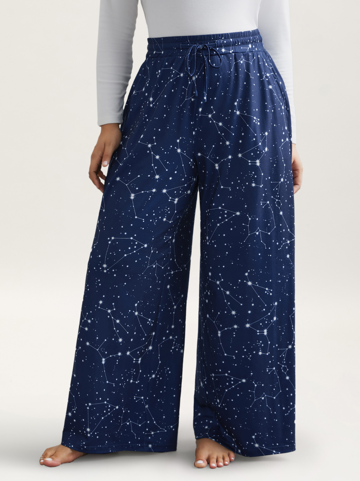 

Plus Size Celestial Print Stretchy Waist Lounge Bottoms Indigo  Bloomchic