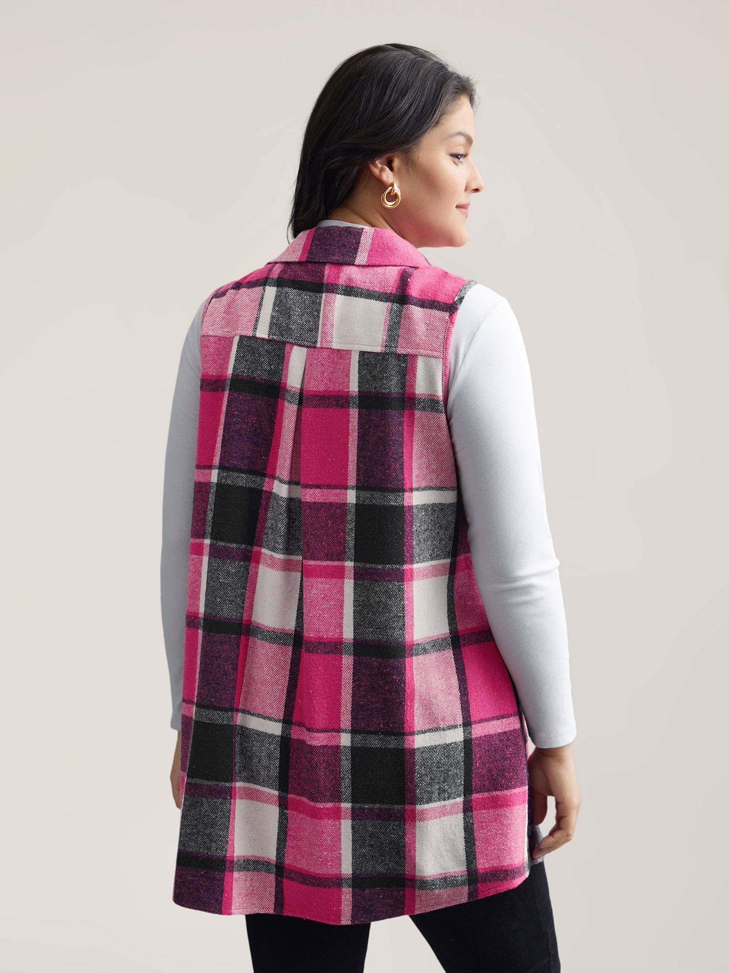 

Plus Size Plaid Flap Detail Sleeveless Jacket Women Rosered Button Side seam pocket Everyday Jackets BloomChic