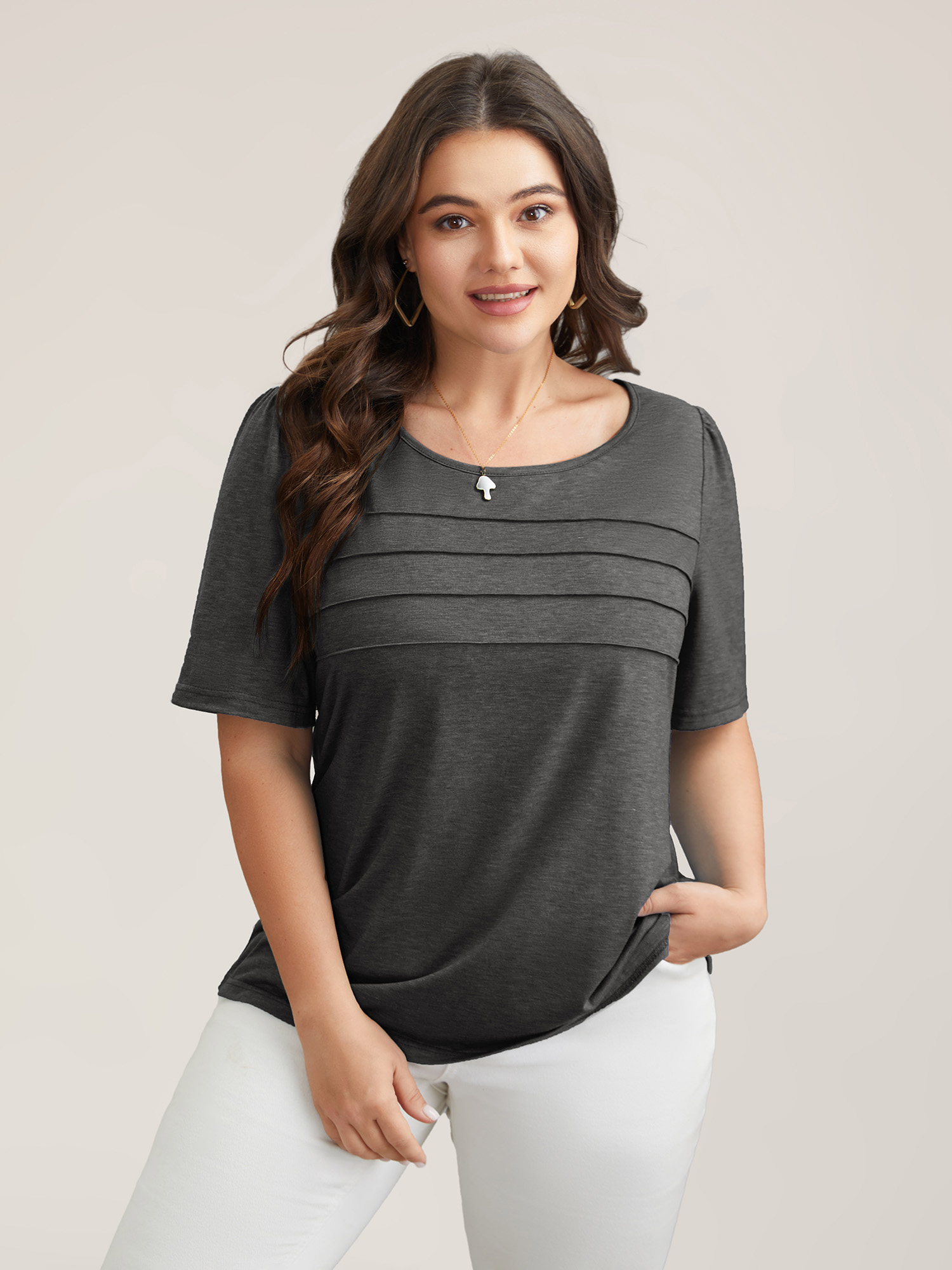 

Plus Size Seamed Round Neck Fitted T-Shirt DarkGray Women Casual Tucked seam Round Neck Everyday T-shirts BloomChic