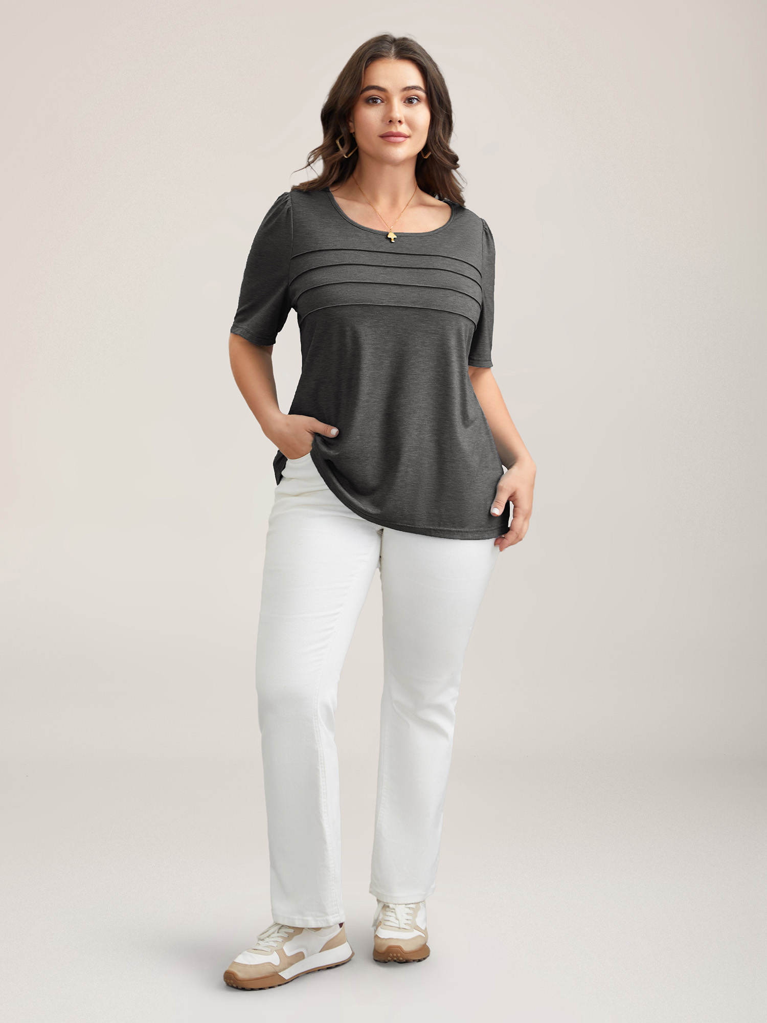 

Plus Size Seamed Round Neck Fitted T-Shirt DarkGray Women Casual Tucked seam Round Neck Everyday T-shirts BloomChic