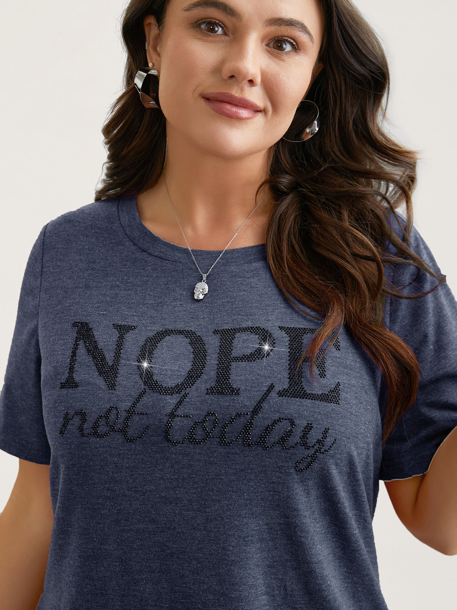 

Plus Size Nope Not Today Print Rhinestone Round Neck T-Shirt Indigo Women Casual Rhinestone detailing Round Neck Everyday T-shirts BloomChic