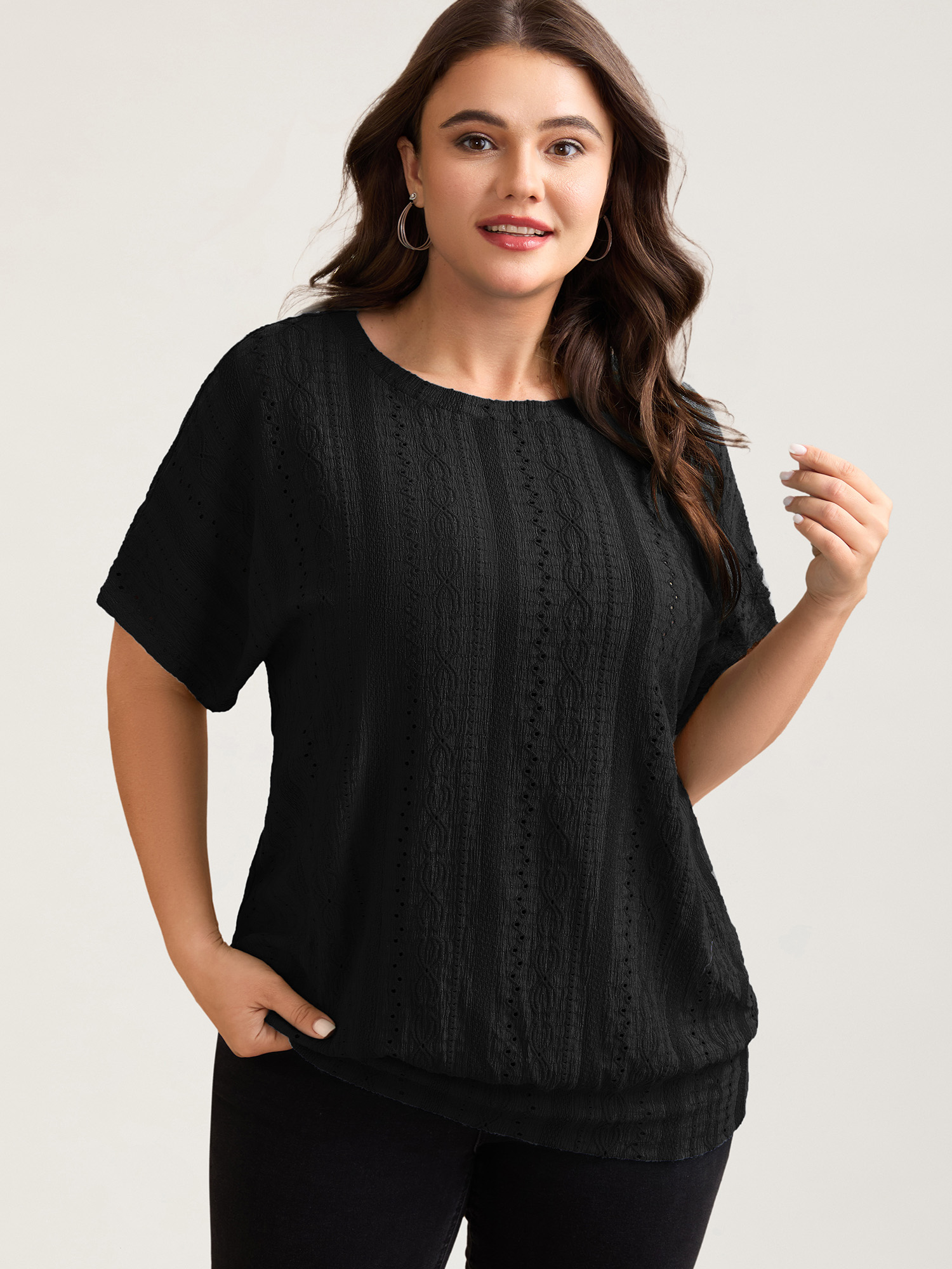 

Plus Size Eyelet Trim Stretchy Textured Plain Top Black Round Neck Short sleeve Casual Jersey Tops