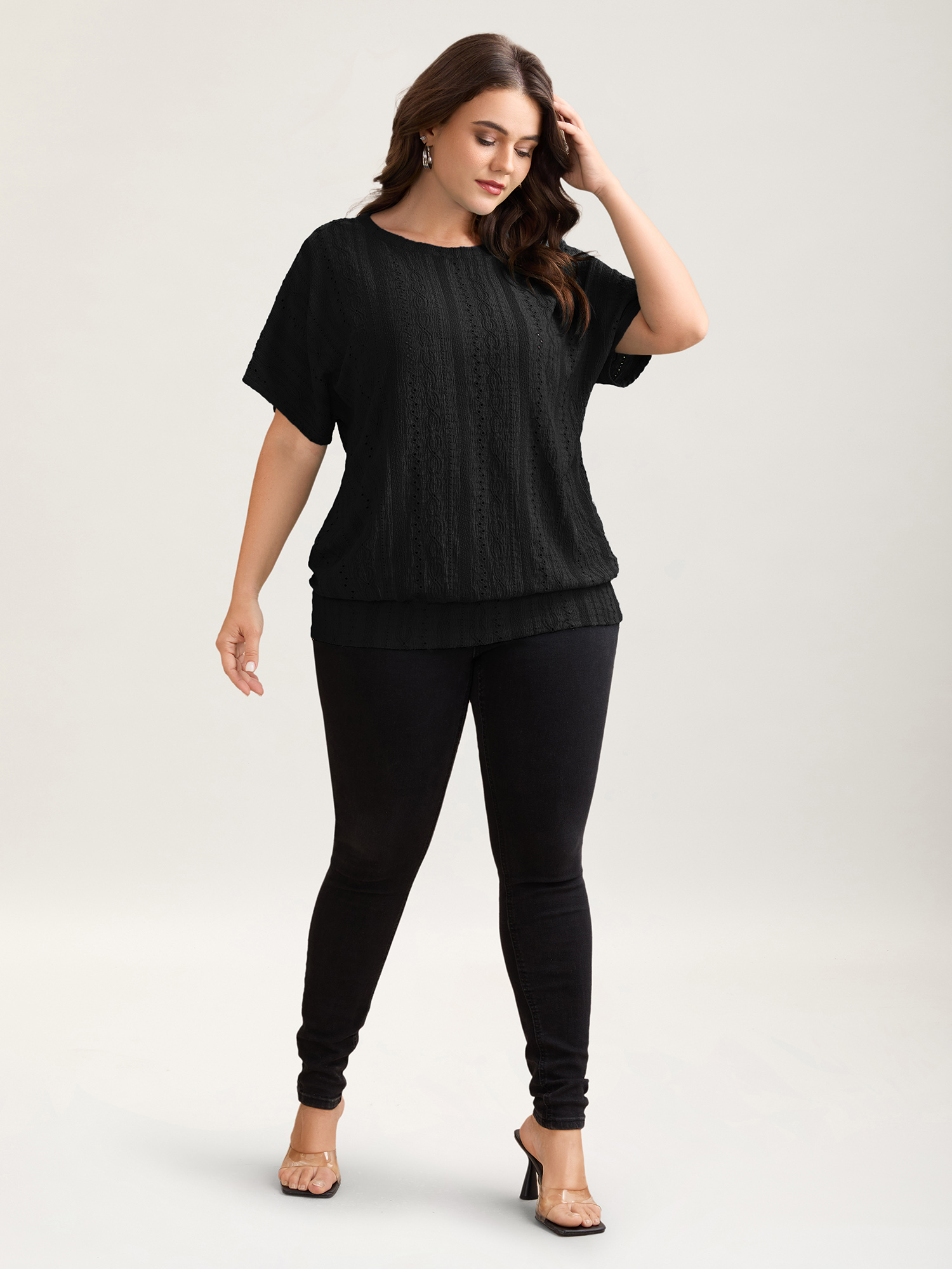 

Plus Size Eyelet Trim Stretchy Textured Plain Top Black Round Neck Short sleeve Casual Jersey Tops