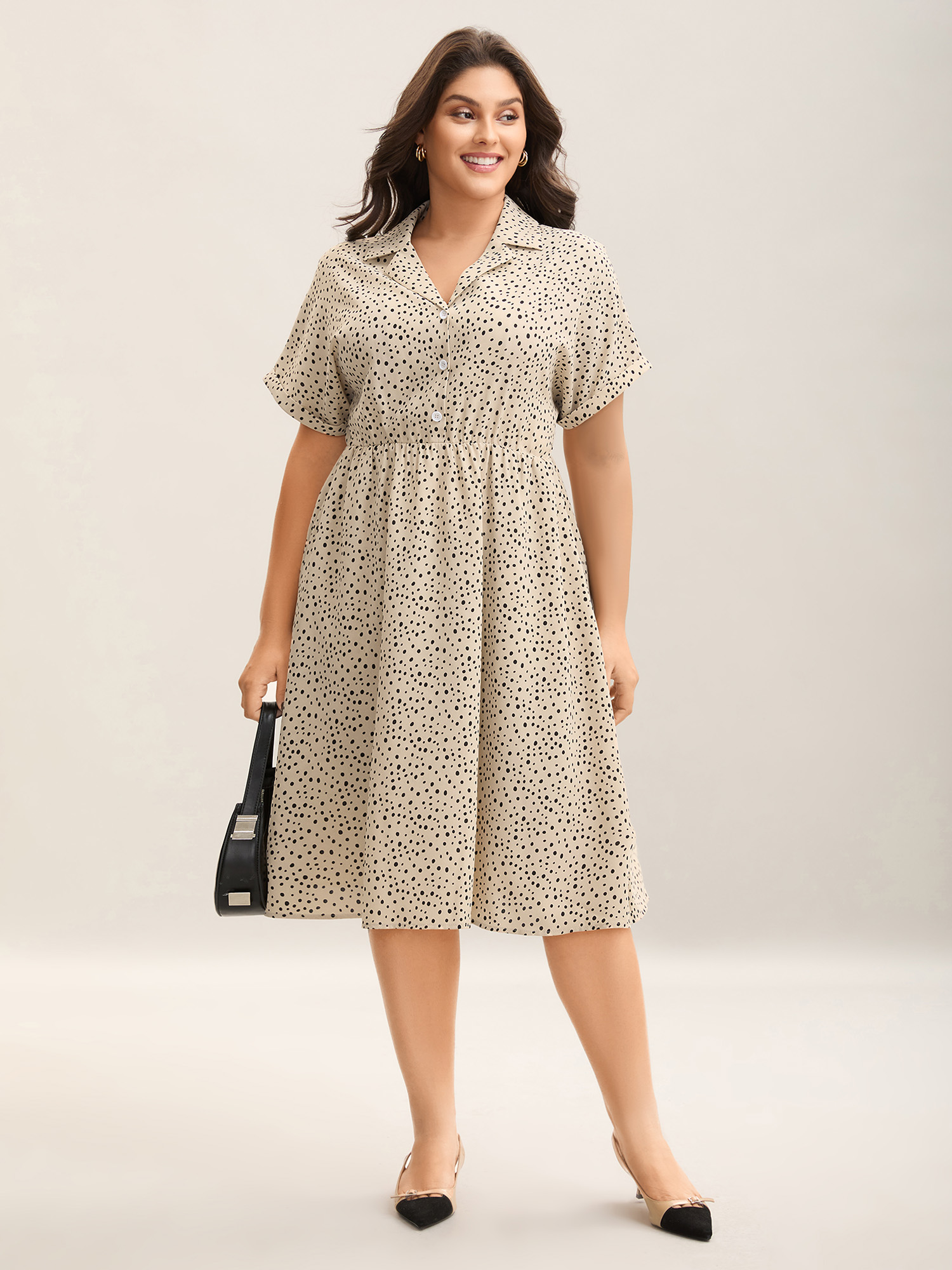 

Plus Size Polka Dot Print Shirt Collar Midi Dress Champagne Women Button Shirt collar Short sleeve Curvy BloomChic