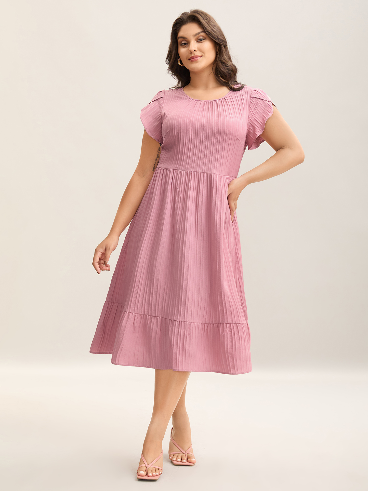 

Plus Size Textured Petal Sleeve Pockets Midi Dress Blush Women Elegant Gathered Round Neck Short sleeve Curvy BloomChic