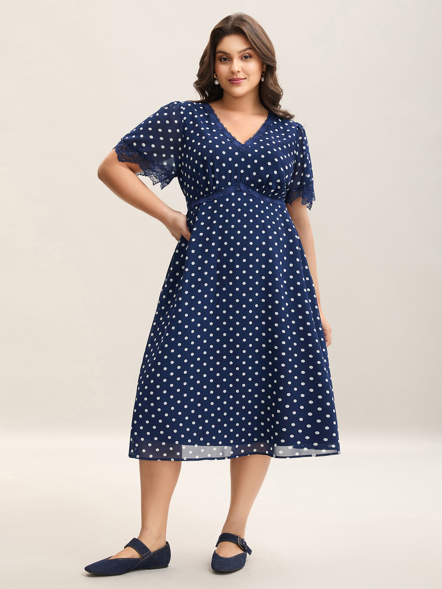 

Plus Size Chiffon Polka Dot Print Pockets Midi Dress DarkBlue Women Elegant V-neck Short sleeve Curvy BloomChic