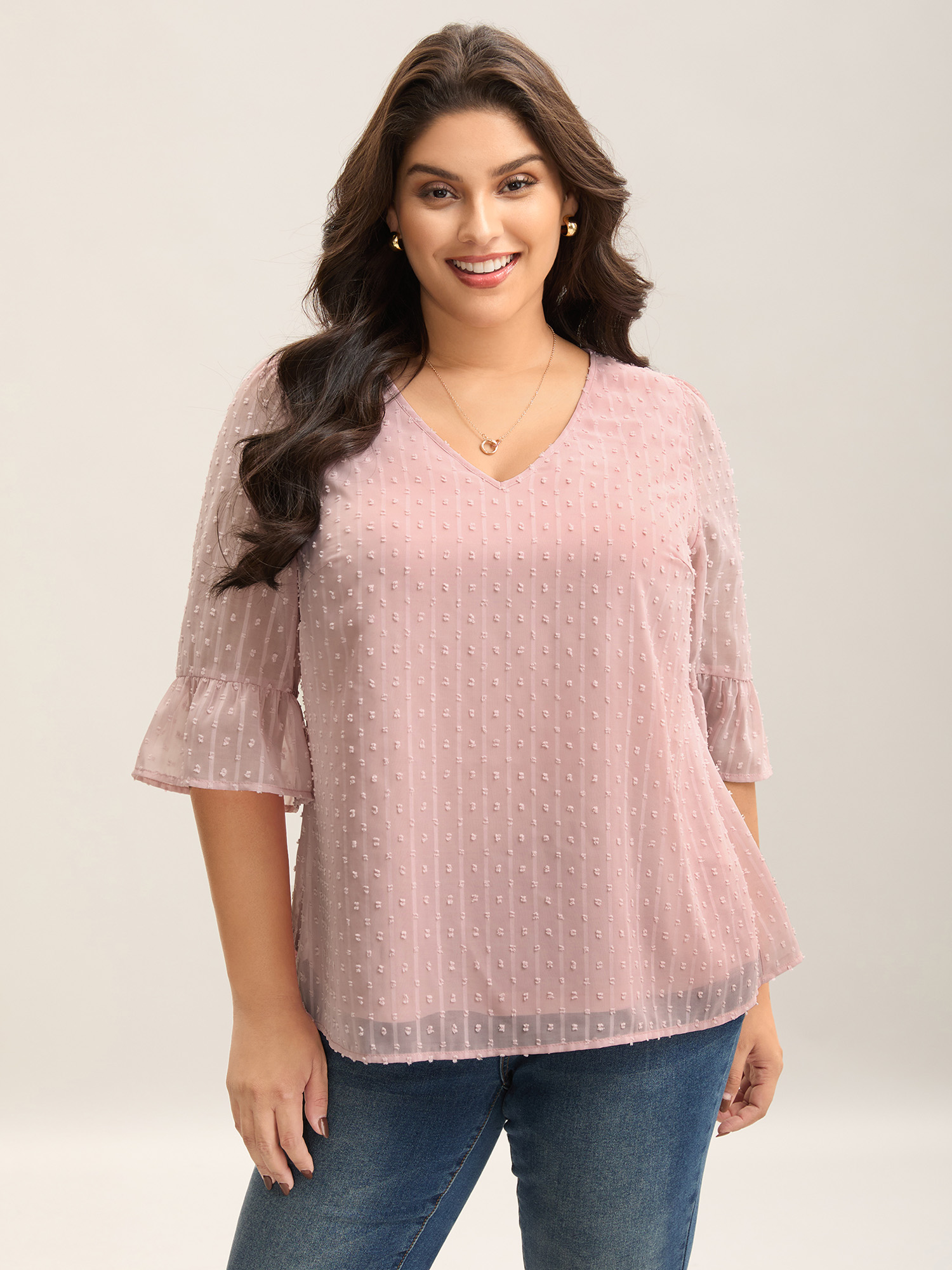 

Plus Size Dirtypink Textured Woven V-Neck Blouse Women Elegant Elbow-length sleeve V-neck Everyday Blouses BloomChic