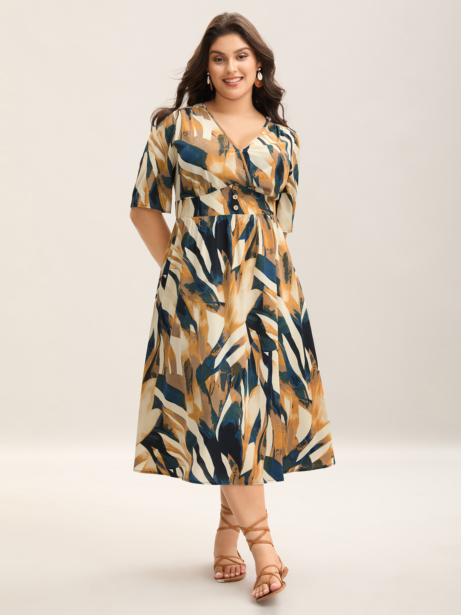 

Plus Size Abstract Print Triangular Waist Midi Dress Multicolor Women Button Overlap Collar Short sleeve Curvy BloomChic