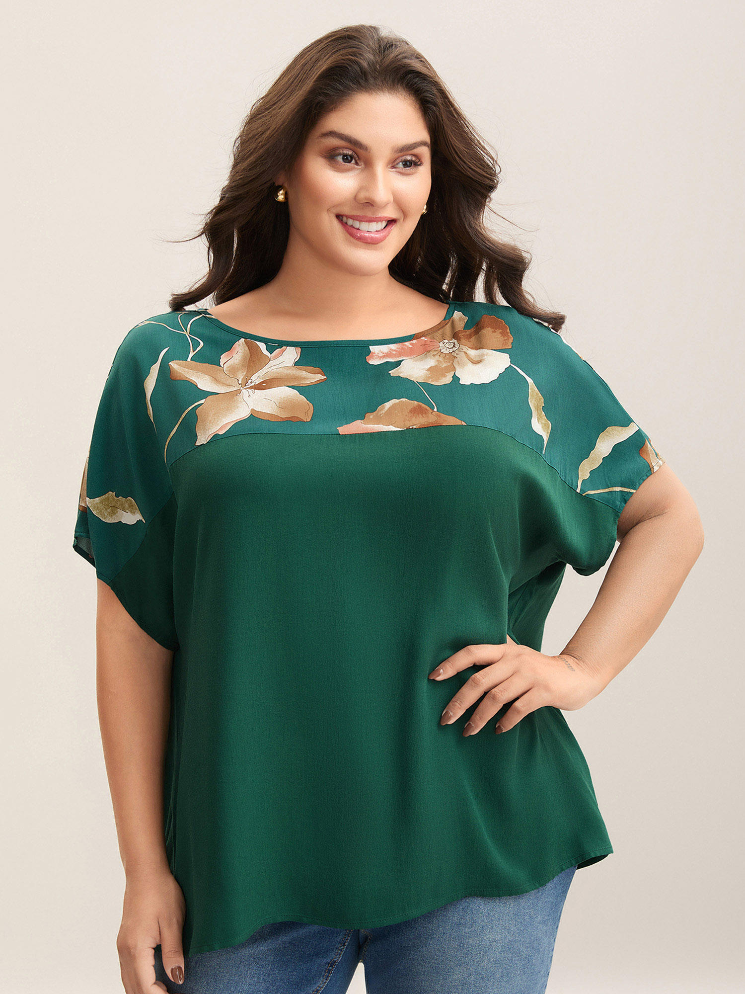 

Plus Size Cyan Tropical Floral Print Spliced Blouse Women Elegant Short sleeve Boat Neck Everyday Blouses BloomChic