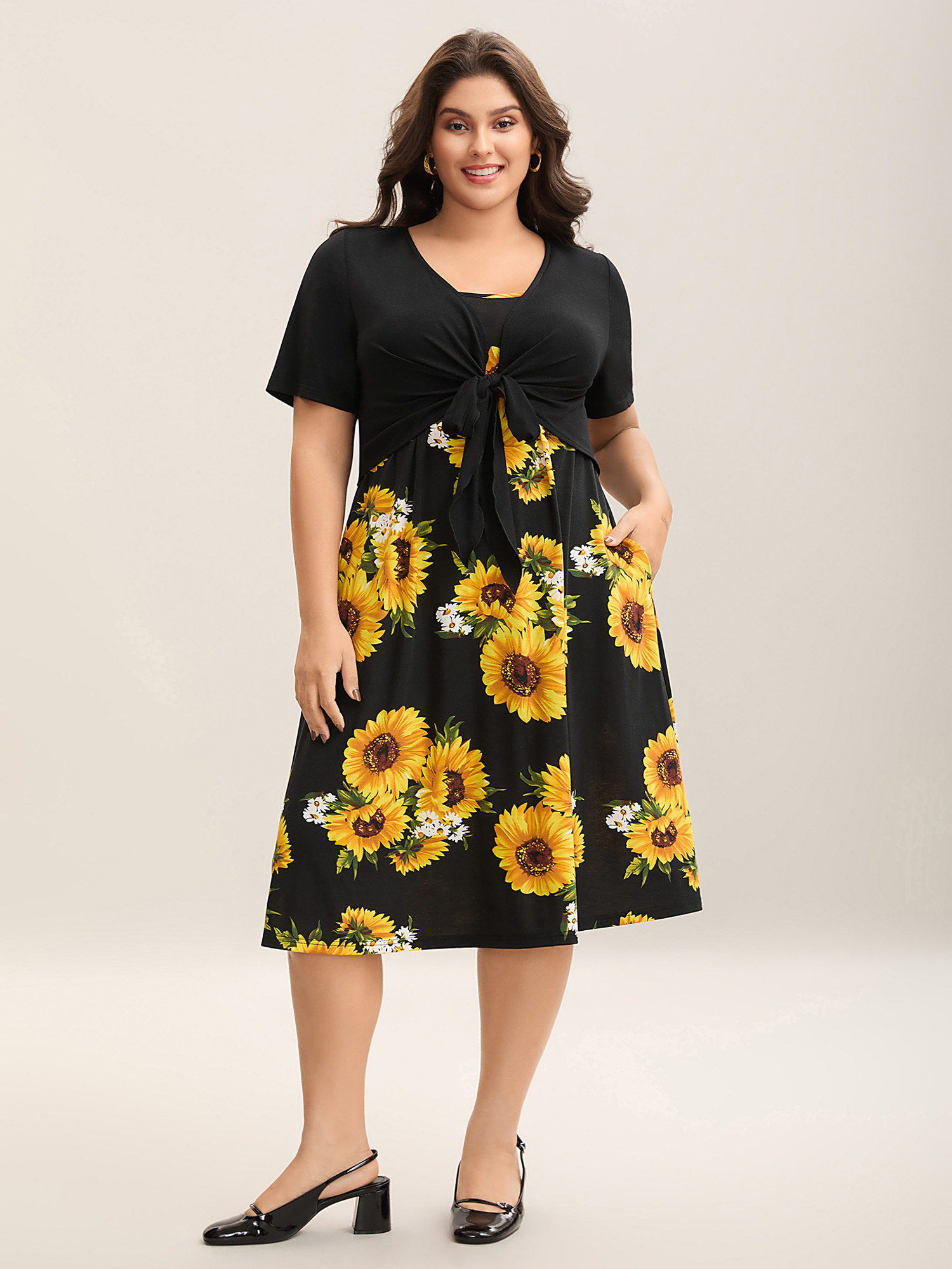 

Plus Size Sunflower Print Knotted Front Pockets Midi Dress Black Women Elegant Tie knot Knit Dresses Bloomchic