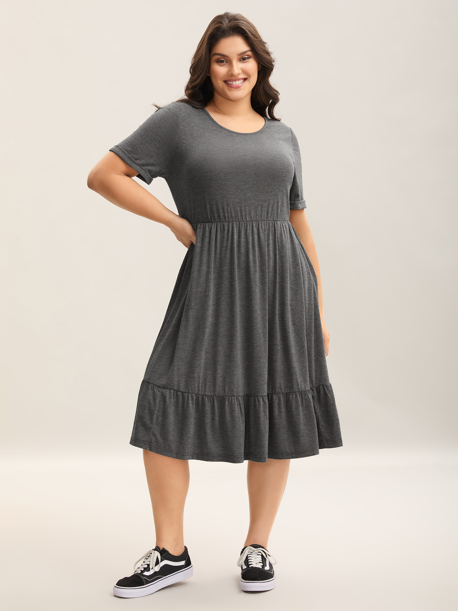 

Plus Size Stretchy Fabric Pockets Ruffled Hem Midi Dress DarkGray Women Casual Knit Dresses Bloomchic