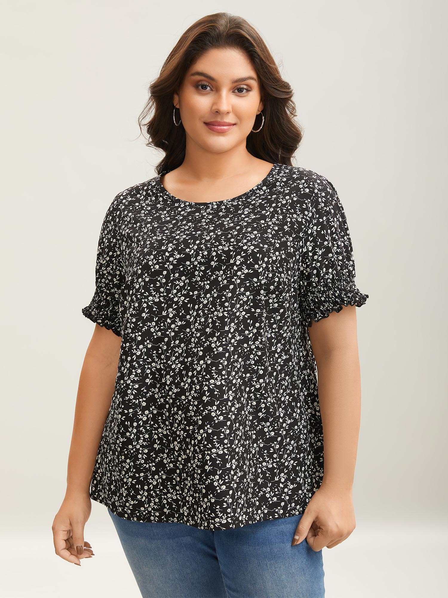 

Plus Size Black Ditsy Floral Print Curvy Hem Blouse Women Elegant Elbow-length sleeve Round Neck Everyday Blouses BloomChic